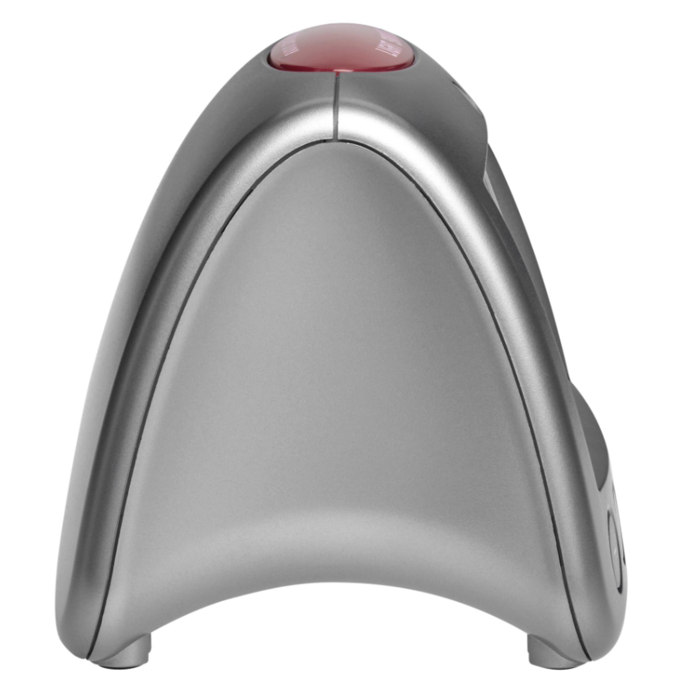 Silberne ergonomische Maus mit roter Taste. Die Maus hat eine einzigartige Form und Design.