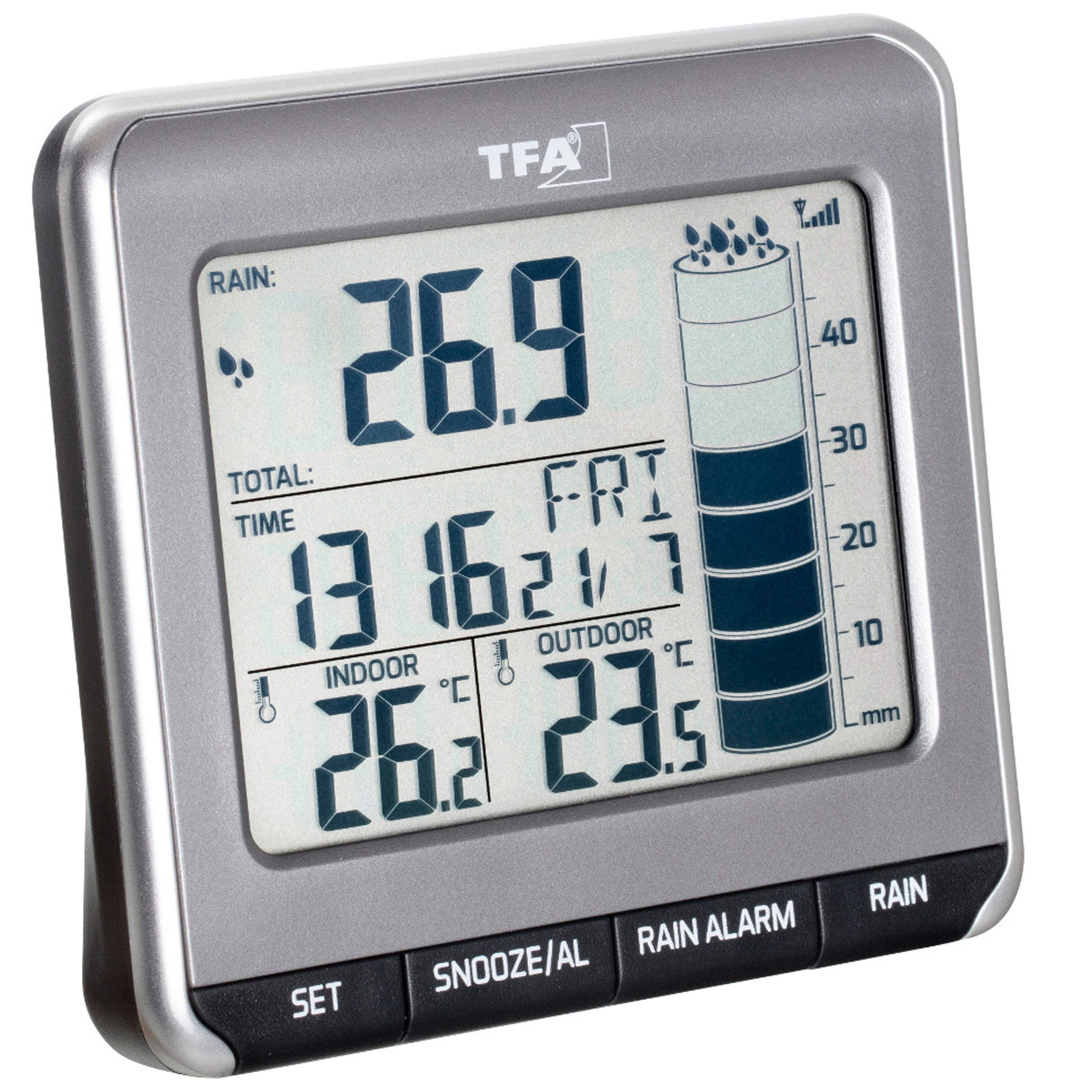 Digitales Wetterstation-Display mit Regenanzeige, Zeit und Innentemperatur.
