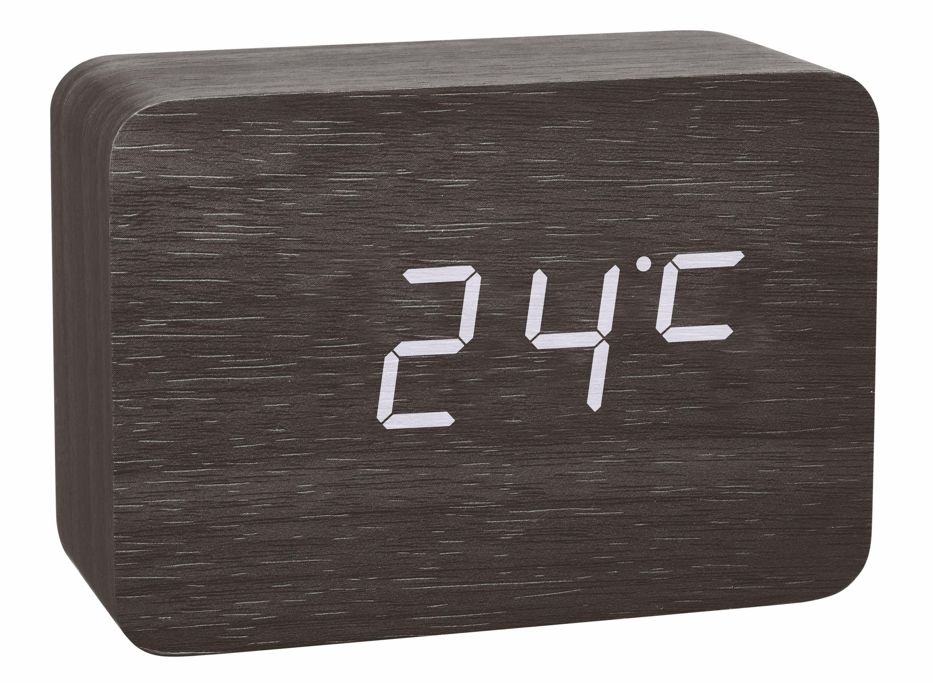 Eine digitaluhr in Holzoptik, die 24°C anzeigt. Sie hat eine rechteckige Form.