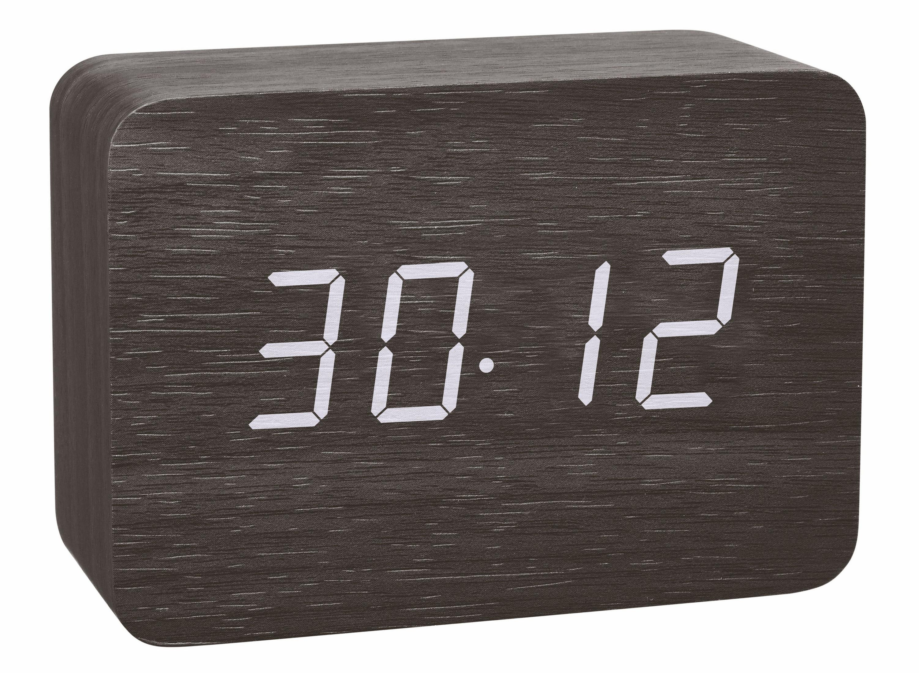 Eine digitale Holzuhr mit der Zeit 30:12. Die Anzeige ist weiß auf dunklem Braun.