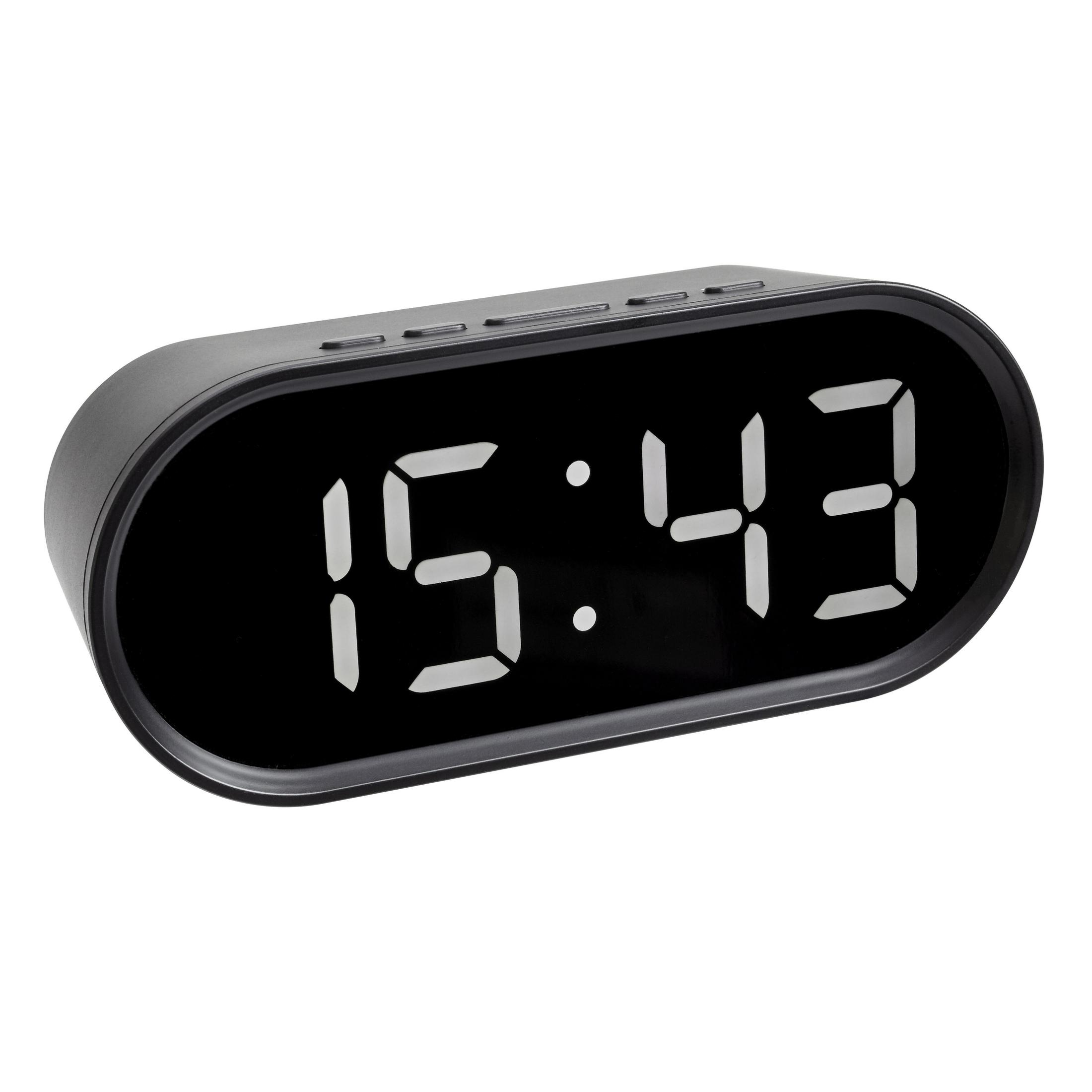 Schwarze Digitaluhr, die die Uhrzeit anzeigt. Die Zahlen sind weiß auf schwarzem Hintergrund. Ovale Form.