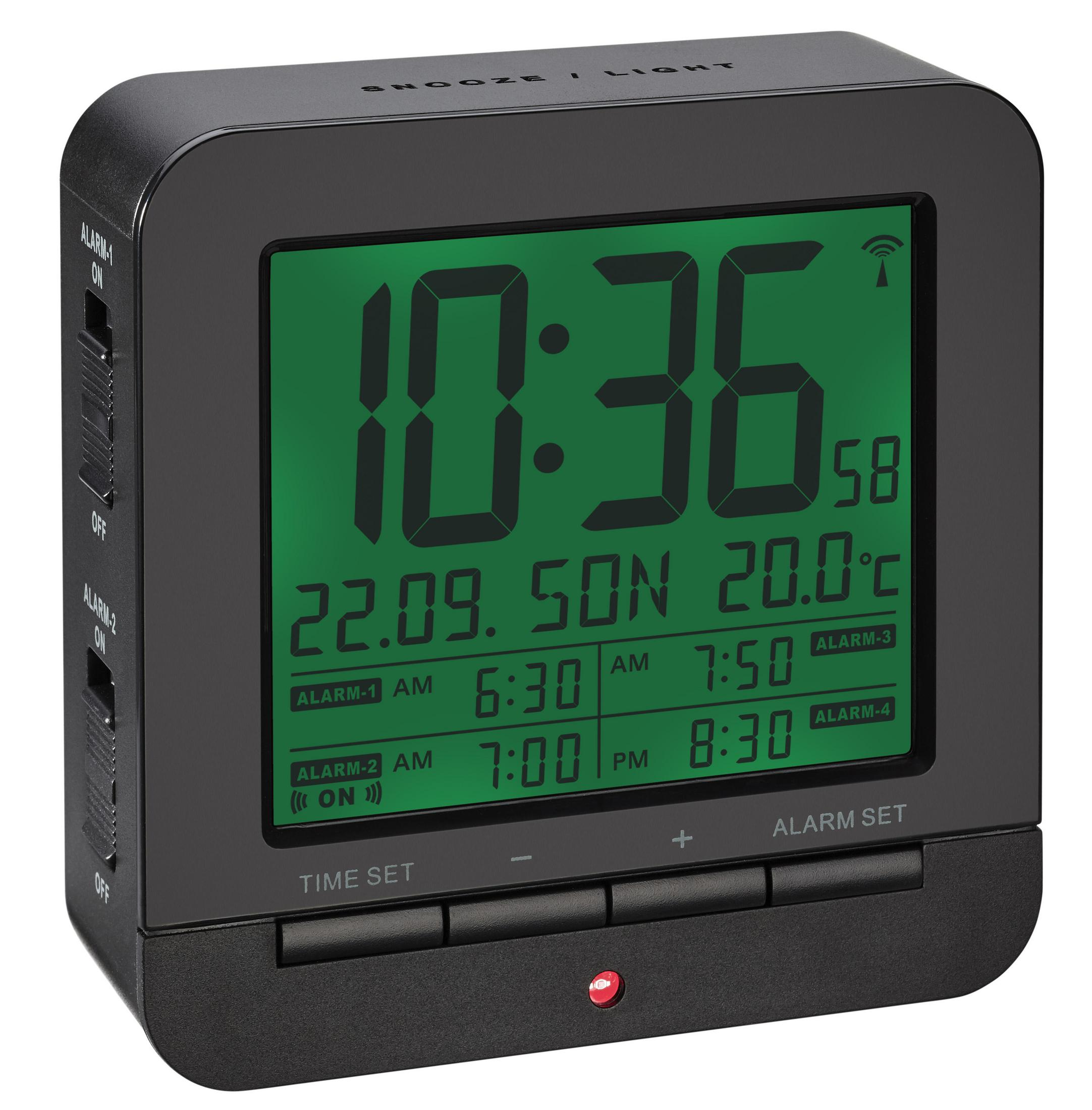 Schwarzer digitaler Wecker mit Anzeige von Zeit, Datum und Temperatur, mit Knöpfen vorne.