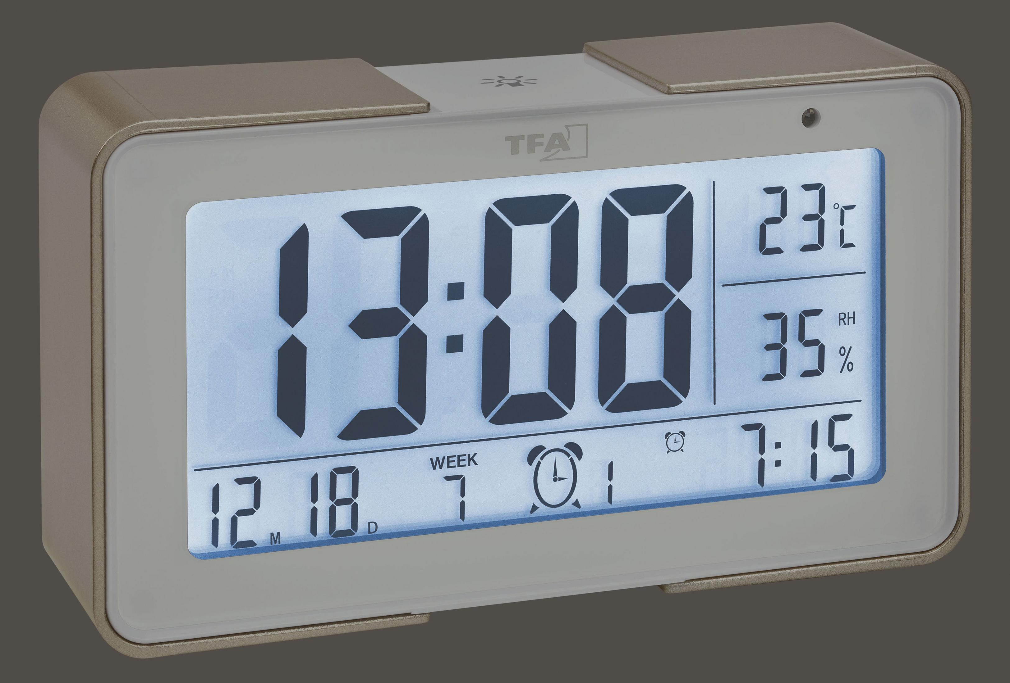 Eine Digitaluhr mit Anzeige von Zeit, Temperatur und anderen Umgebungsdaten.