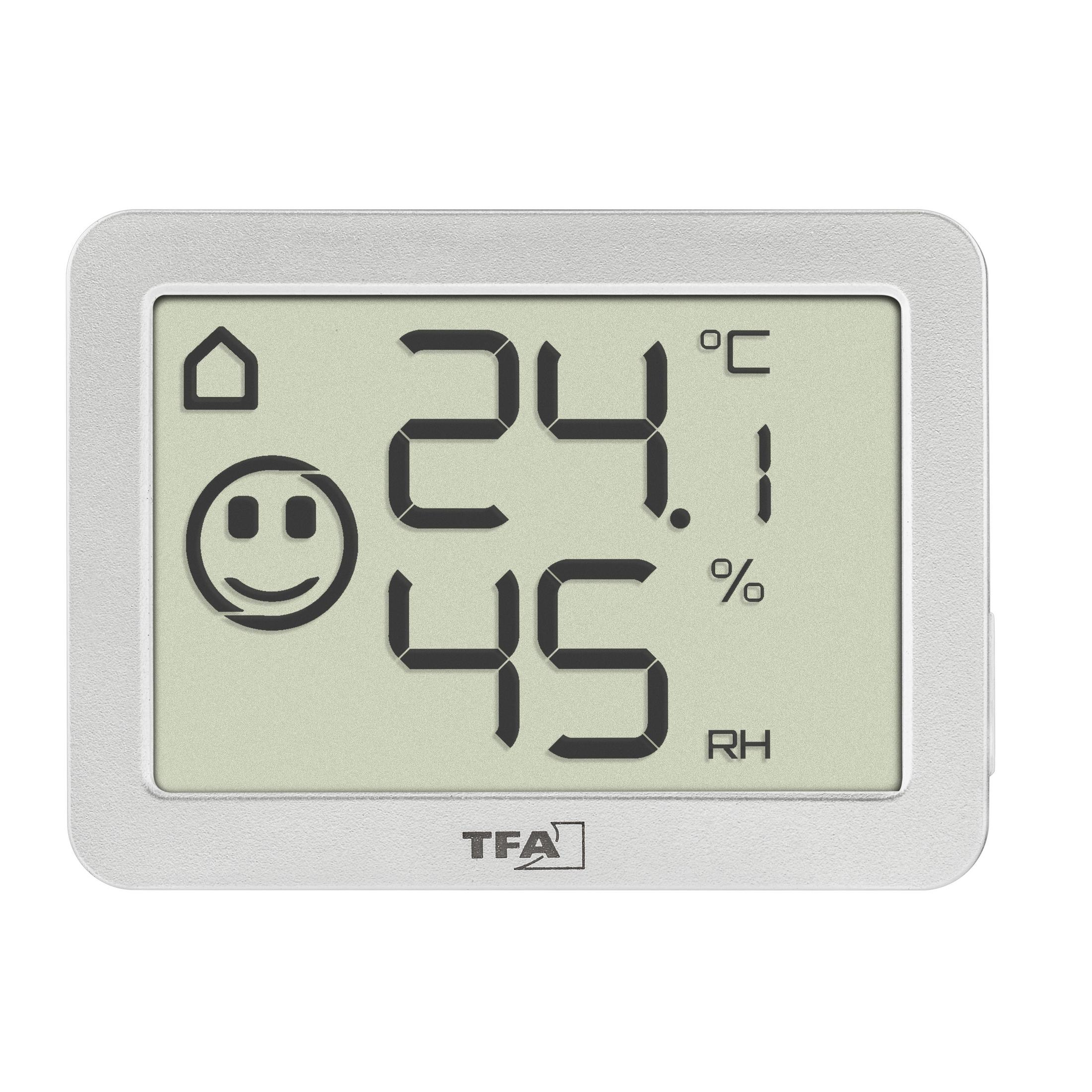 Silbernes Digitalthermometer mit Temperatur- und Feuchtigkeitsanzeige, mit Smiley-Symbol.