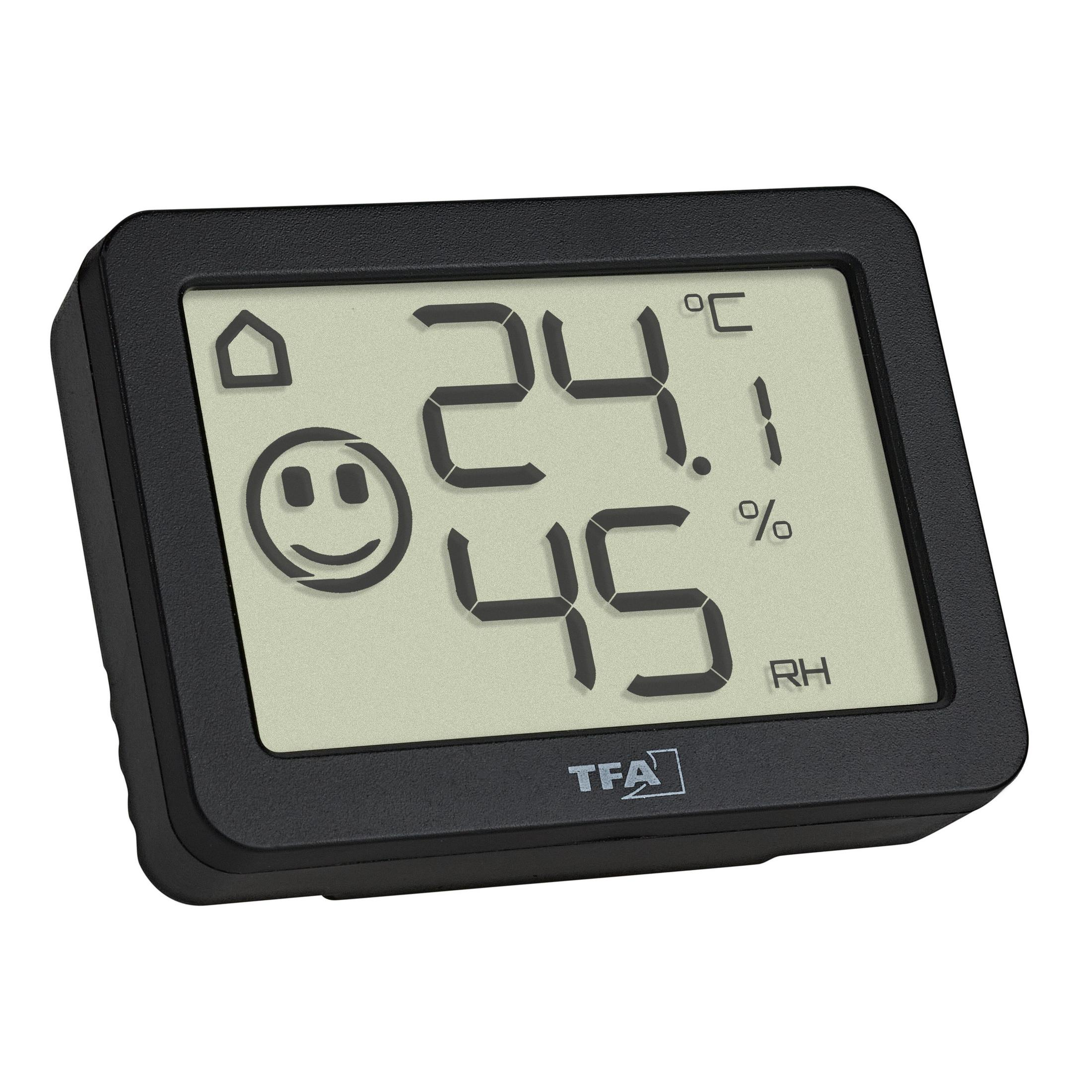 Schwarzes Digitalthermometer mit Digitalanzeige für Temperatur, Luftfeuchtigkeit und Smiley.