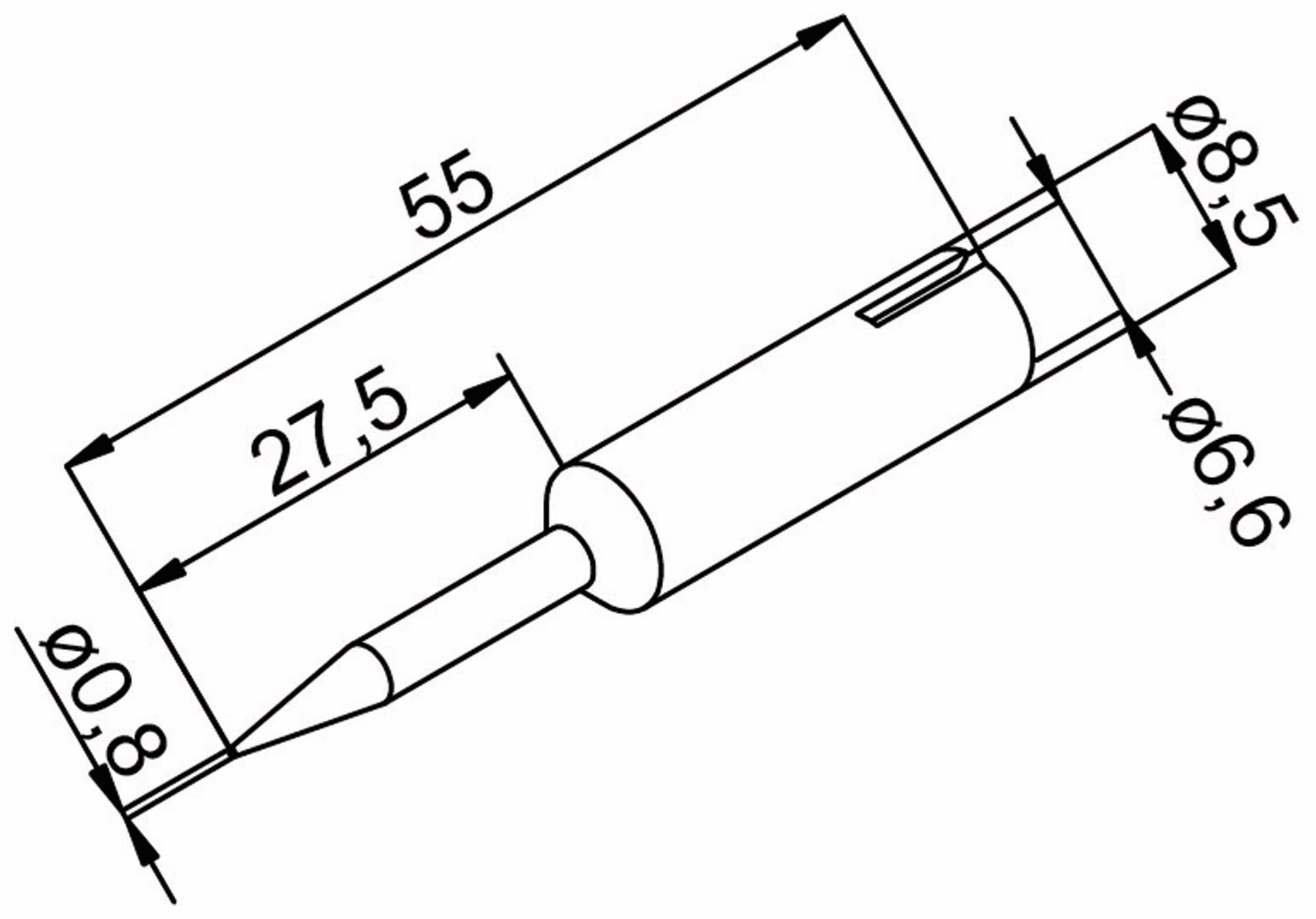 Diagramm einer Lötkolbenspitze mit Maßen. Der Hintergrund ist weiß.