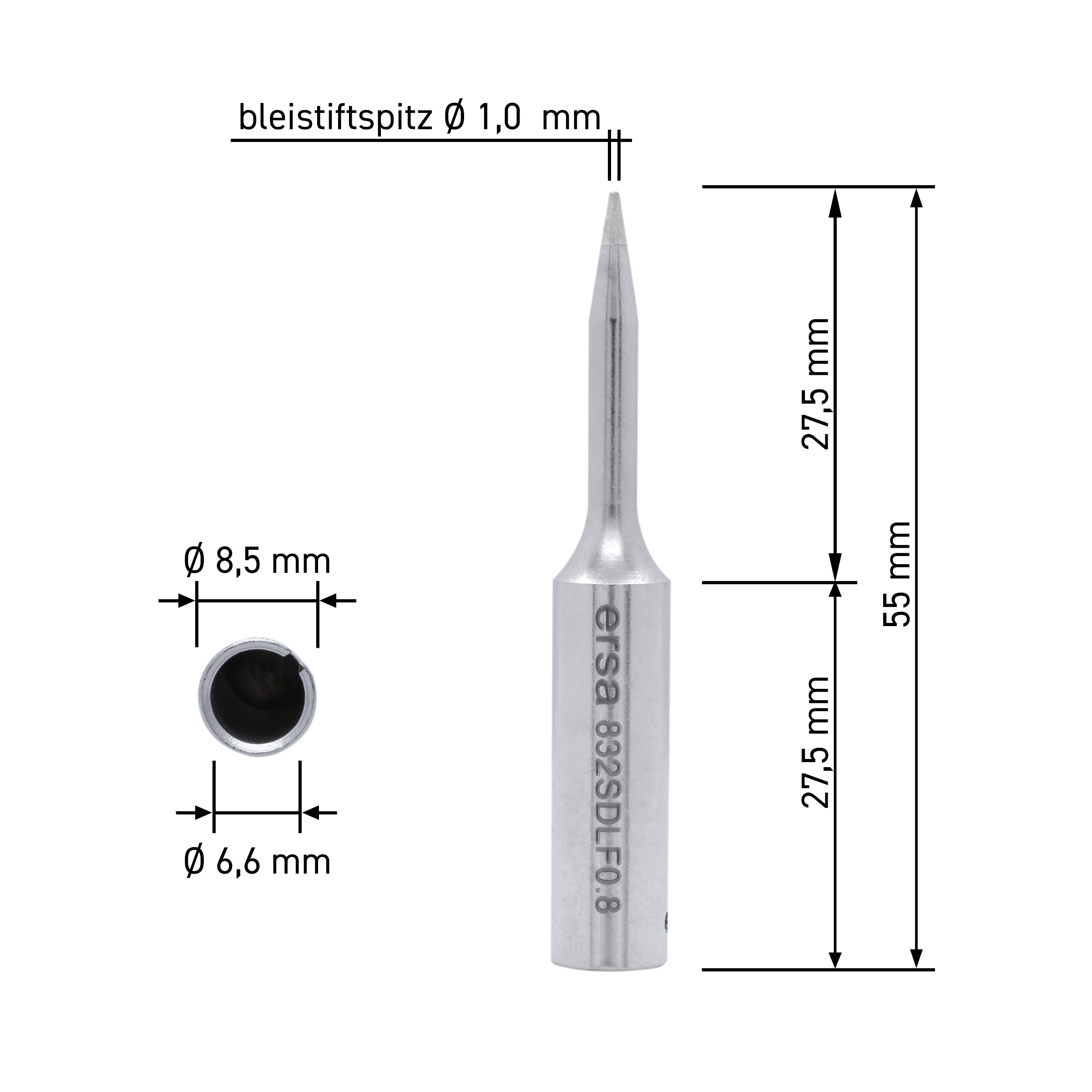 Lötkolbenspitze mit Abmessungen. Diagramm zeigt Spitzenlänge, Breite und Durchmesser in mm.