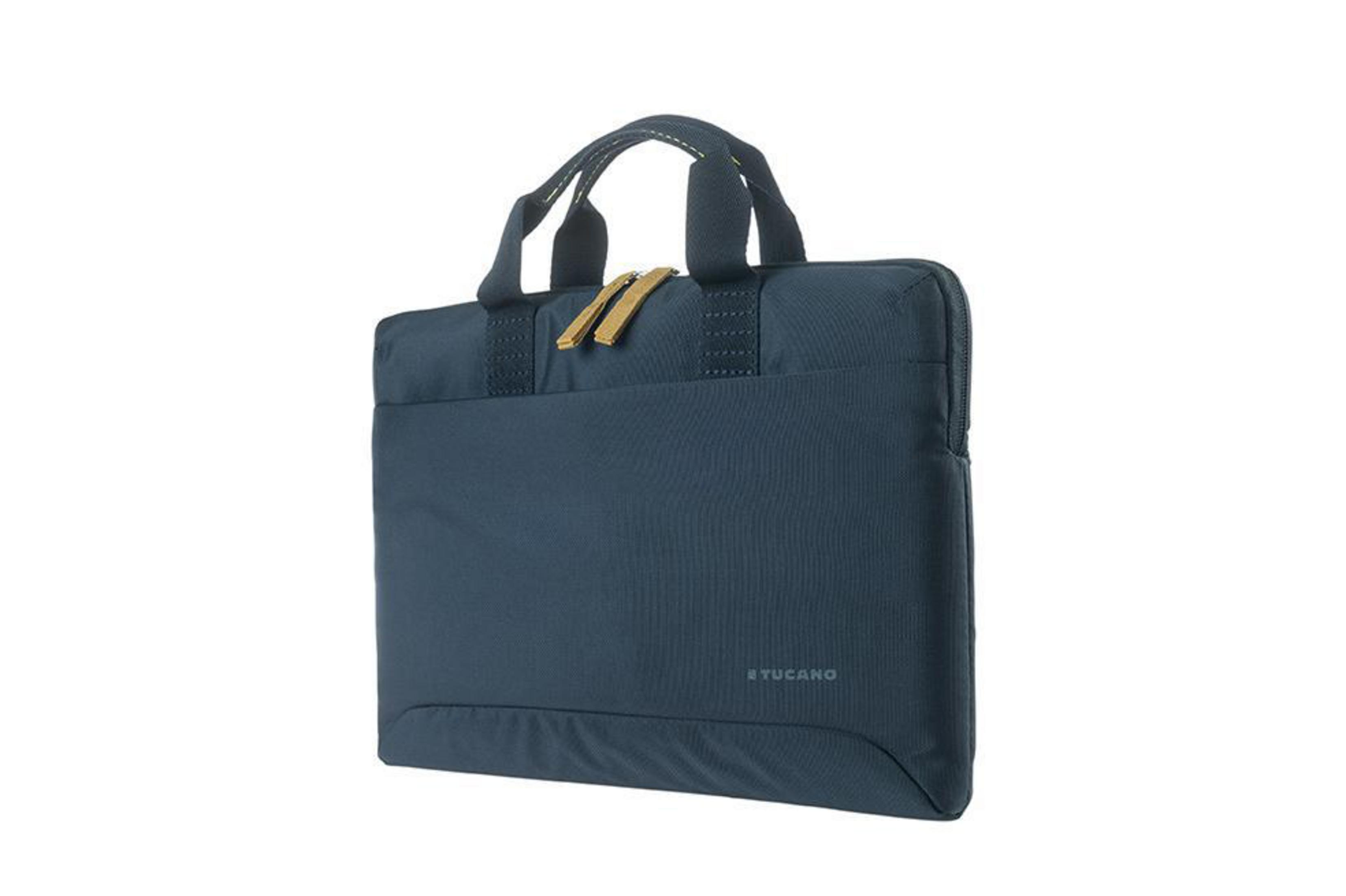 Borsa per laptop blu scuro con manico e cerniere, su sfondo bianco.