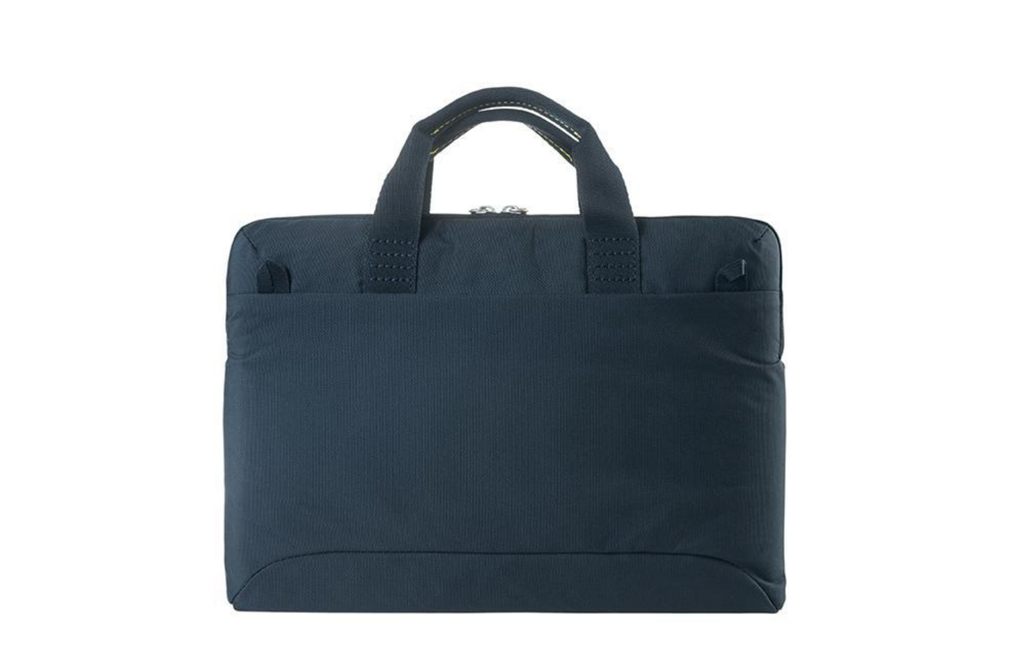 Cartella blu scuro, design semplice, manici sulla parte superiore.