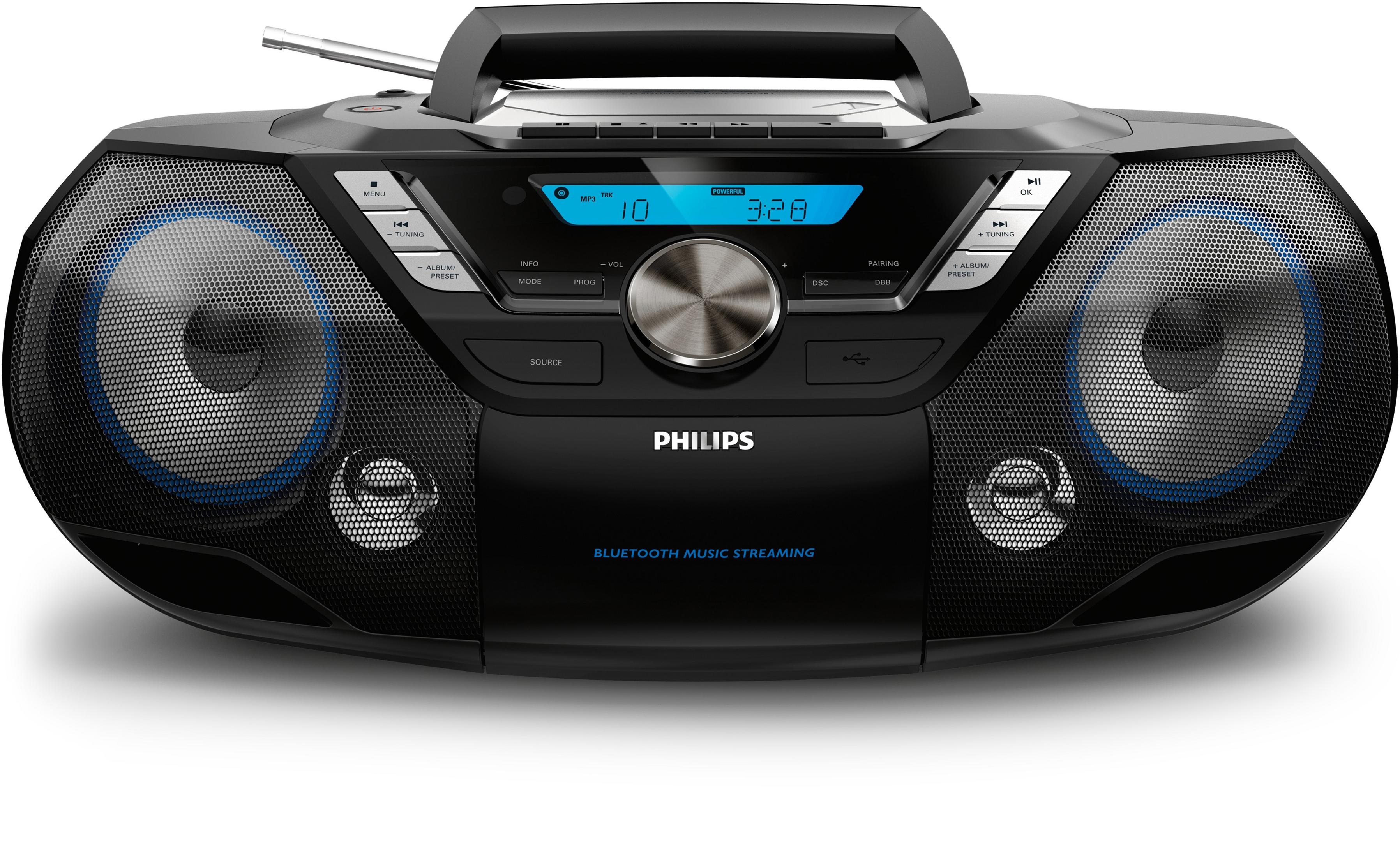 Zwarte Philips boombox met blauwe lichten op de speakers en een scherm.