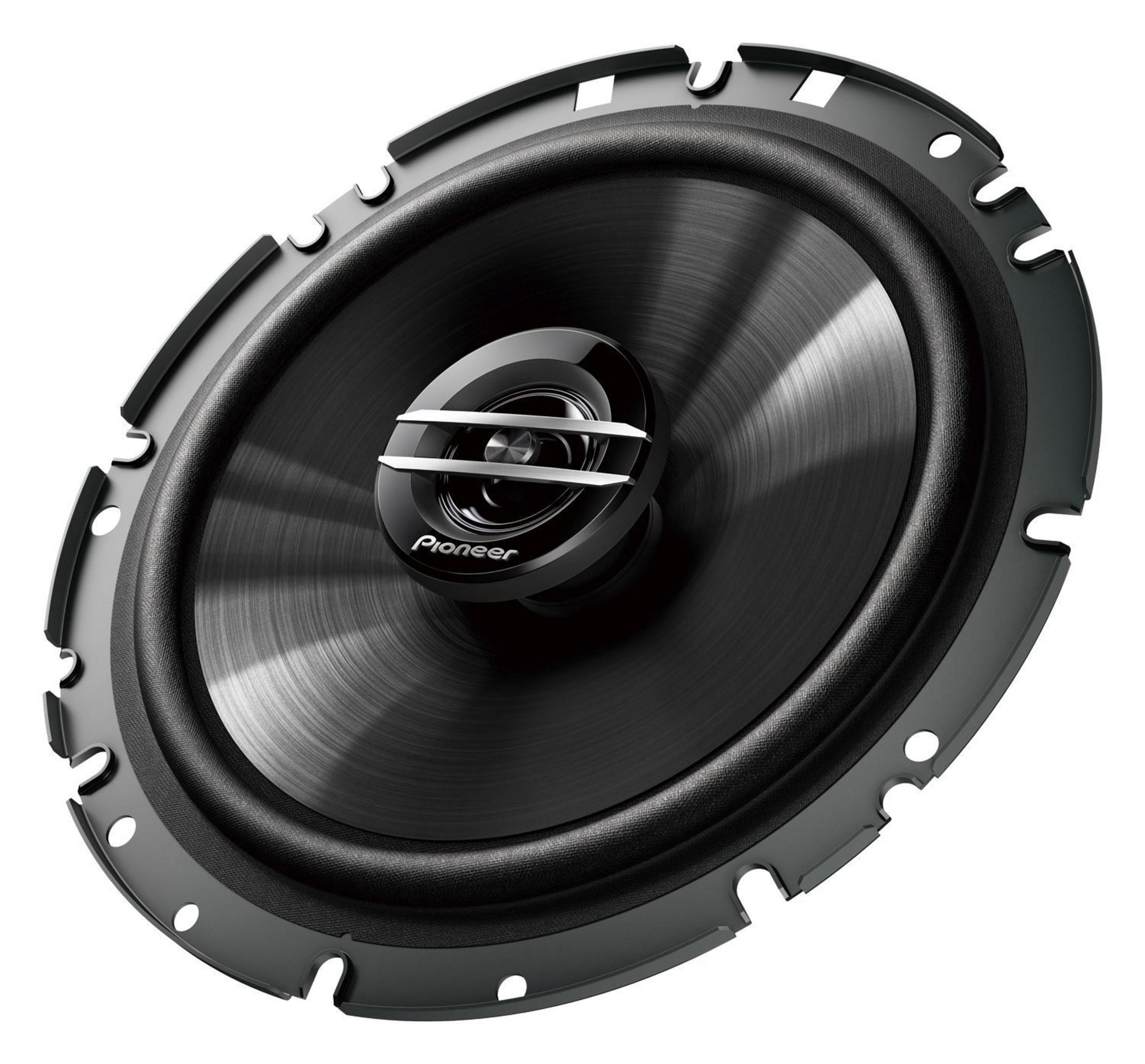 Altavoz de coche ovalado negro con centro negro y logo Pioneer.