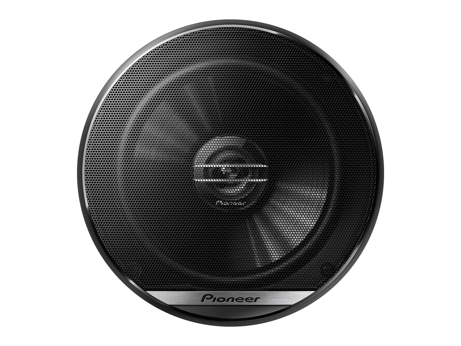 Un altavoz redondo negro con una rejilla de malla y un logotipo plateado de Pioneer.