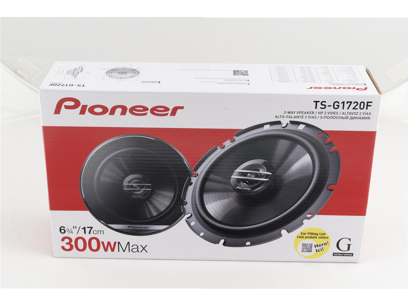 Caja de altavoces para coche Pioneer con dos altavoces. El texto dice: 300W Max y 6 1/2”/17cm.