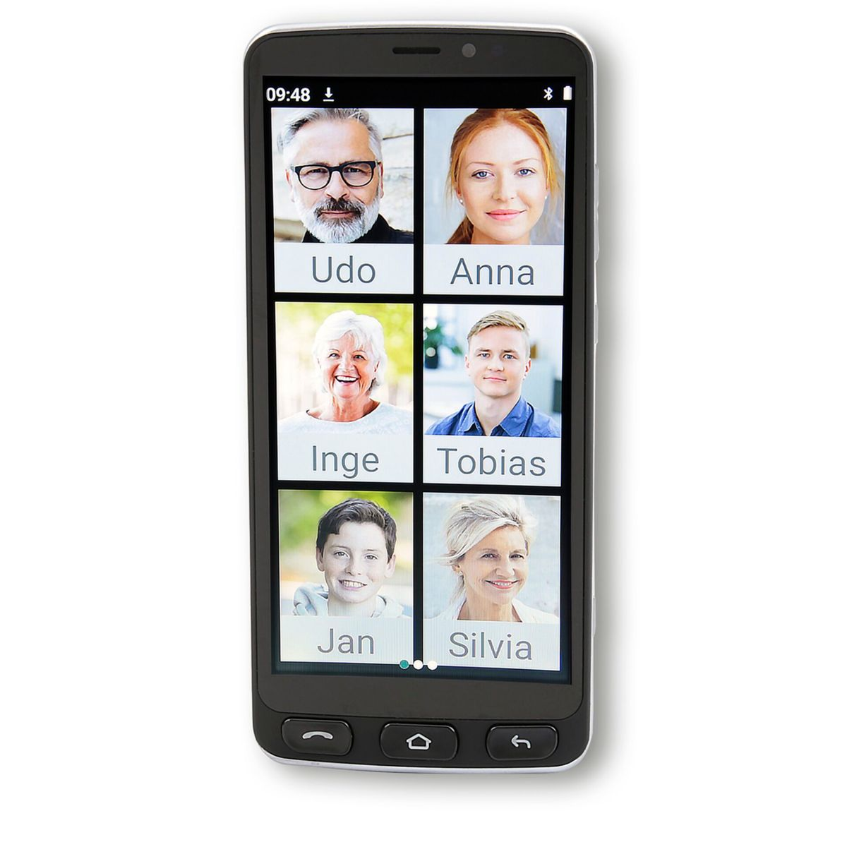 Schermo dello smartphone che mostra una videochiamata con sei persone, con i loro nomi.