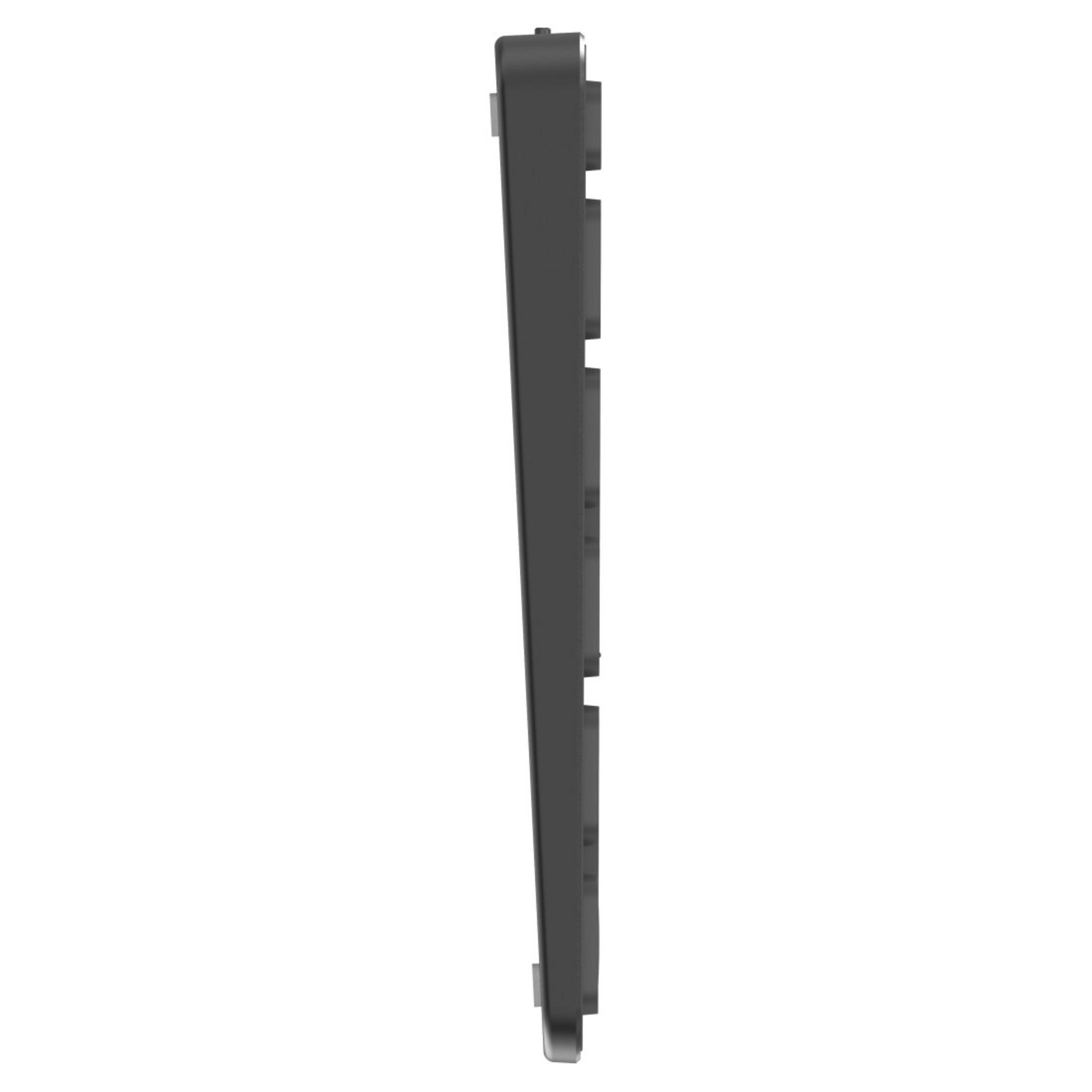 Seitenansicht einer schwarzen Tastatur, die das angewinkelte Design und das Seitenprofil zeigt.