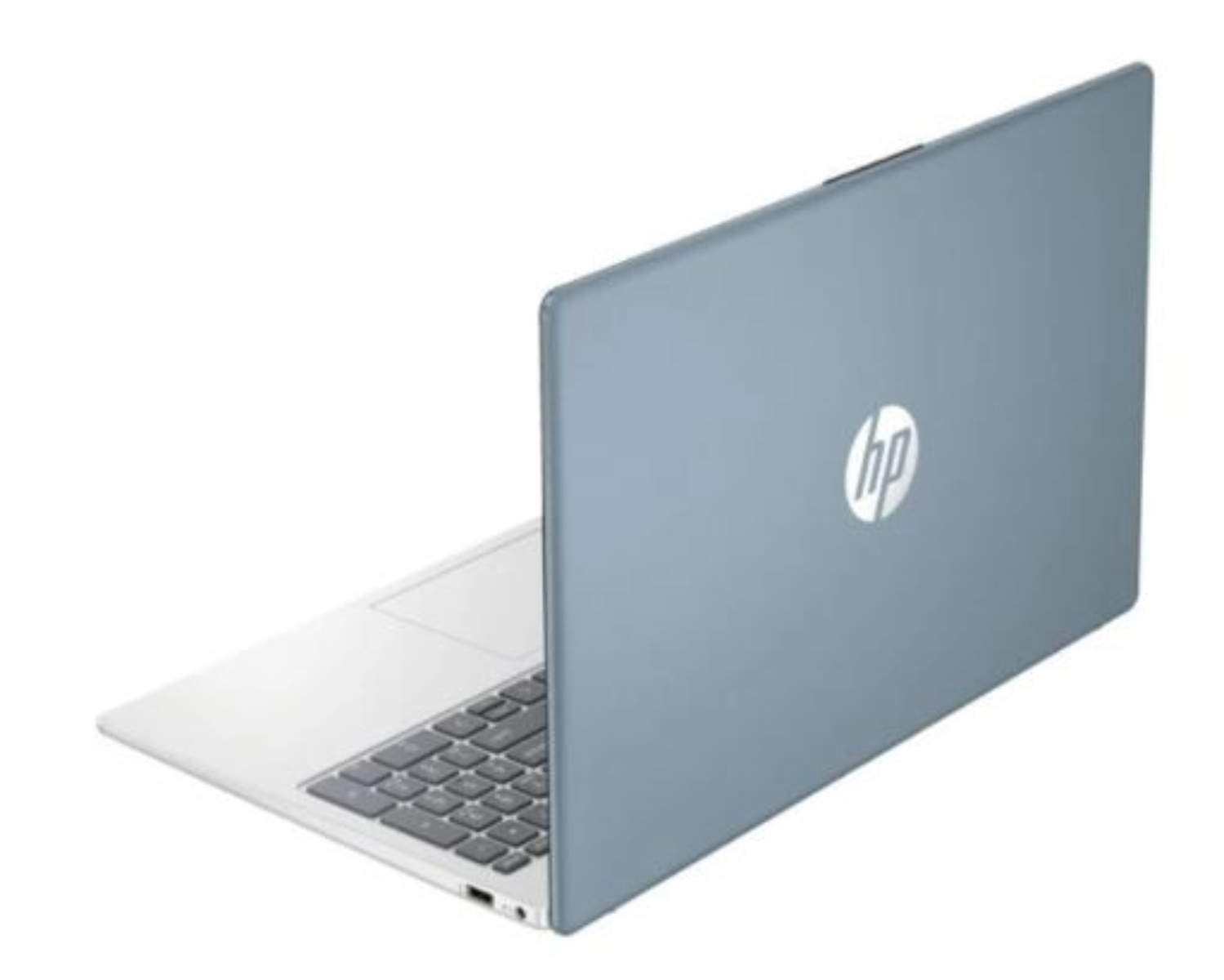 Portátil HP azul grisáceo, vista trasera, con el logotipo de HP visible.