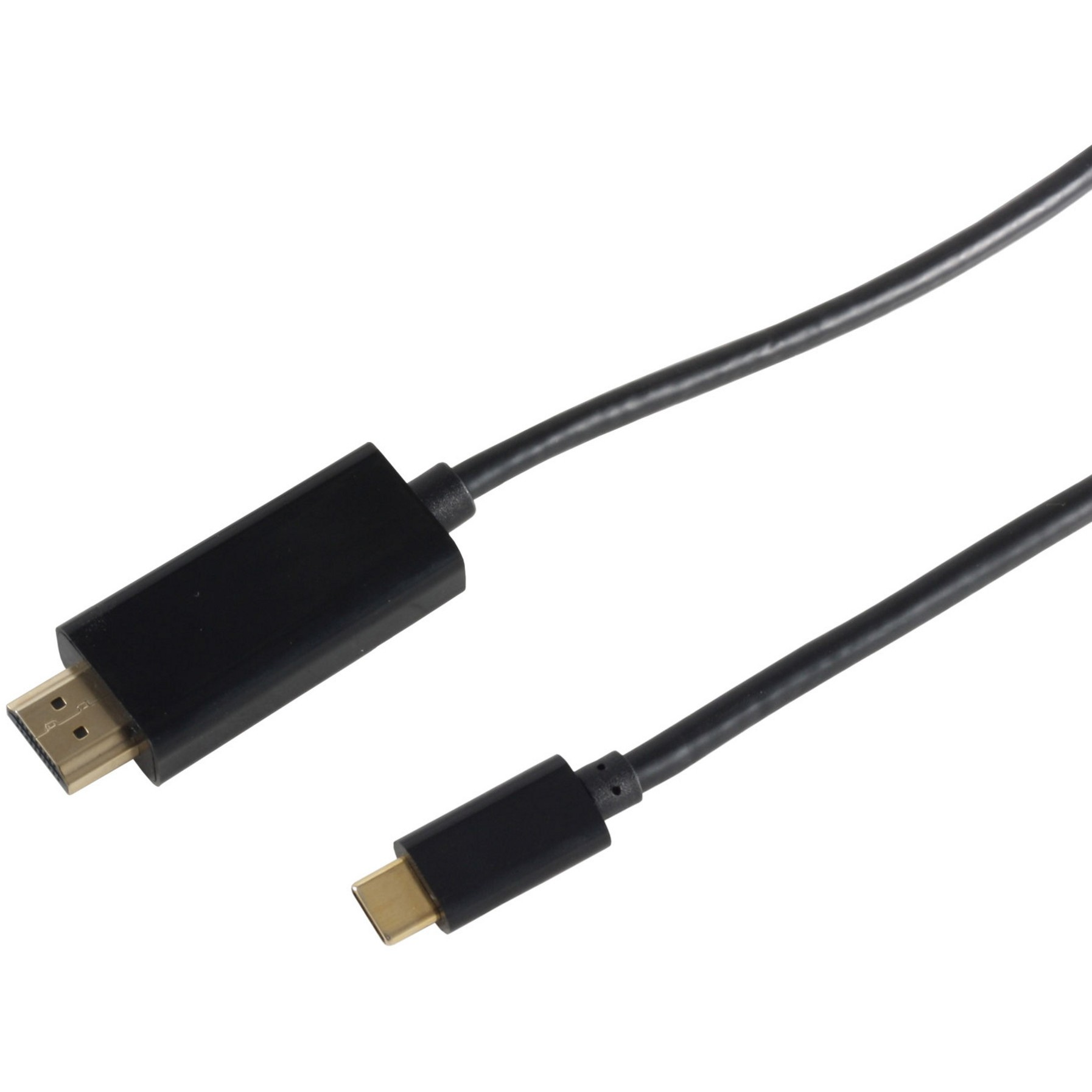 Schwarzes HDMI-zu-USB-C-Kabel. HDMI-Anschluss links, USB-C rechts. Weißer Hintergrund.