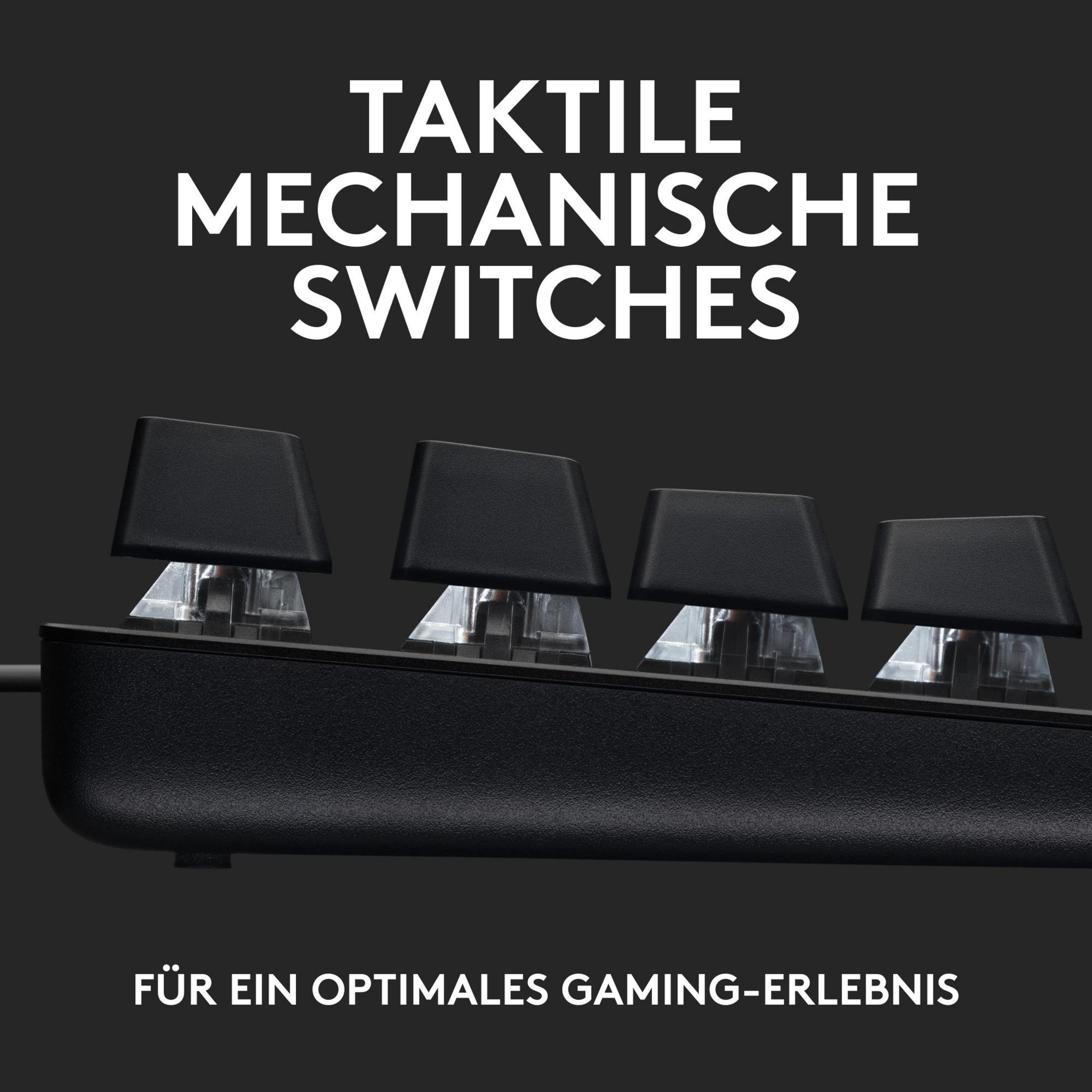 Czarne klawisze klawiatury. Tekst na górze brzmi „TAKTILE MECHANISCHE SWITCHES” i „FÜR EIN OPTIMALES GAMING-ERLEBNIS”.
