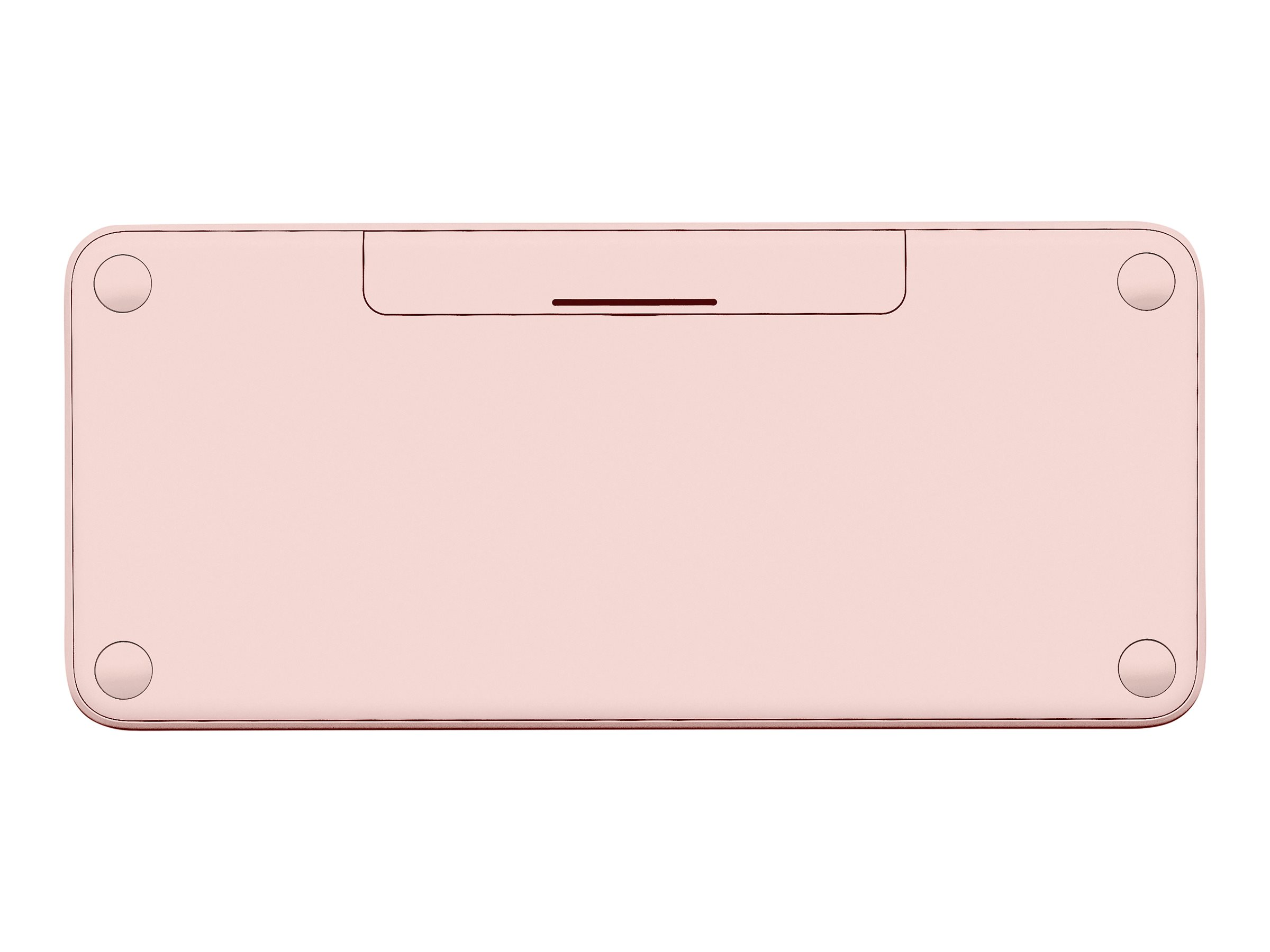 Różowa klawiatura od dołu, z zaokrąglonymi rogami i małymi nóżkami na spodzie.