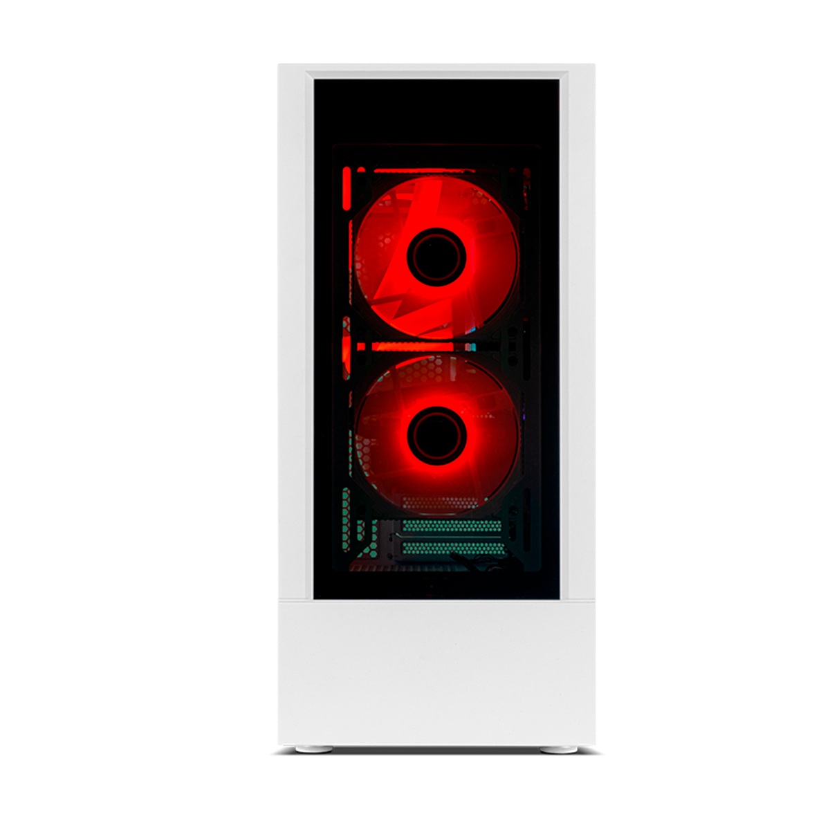 Carcasa de PC blanca con dos ventiladores iluminados en rojo. El interior del PC es visible.