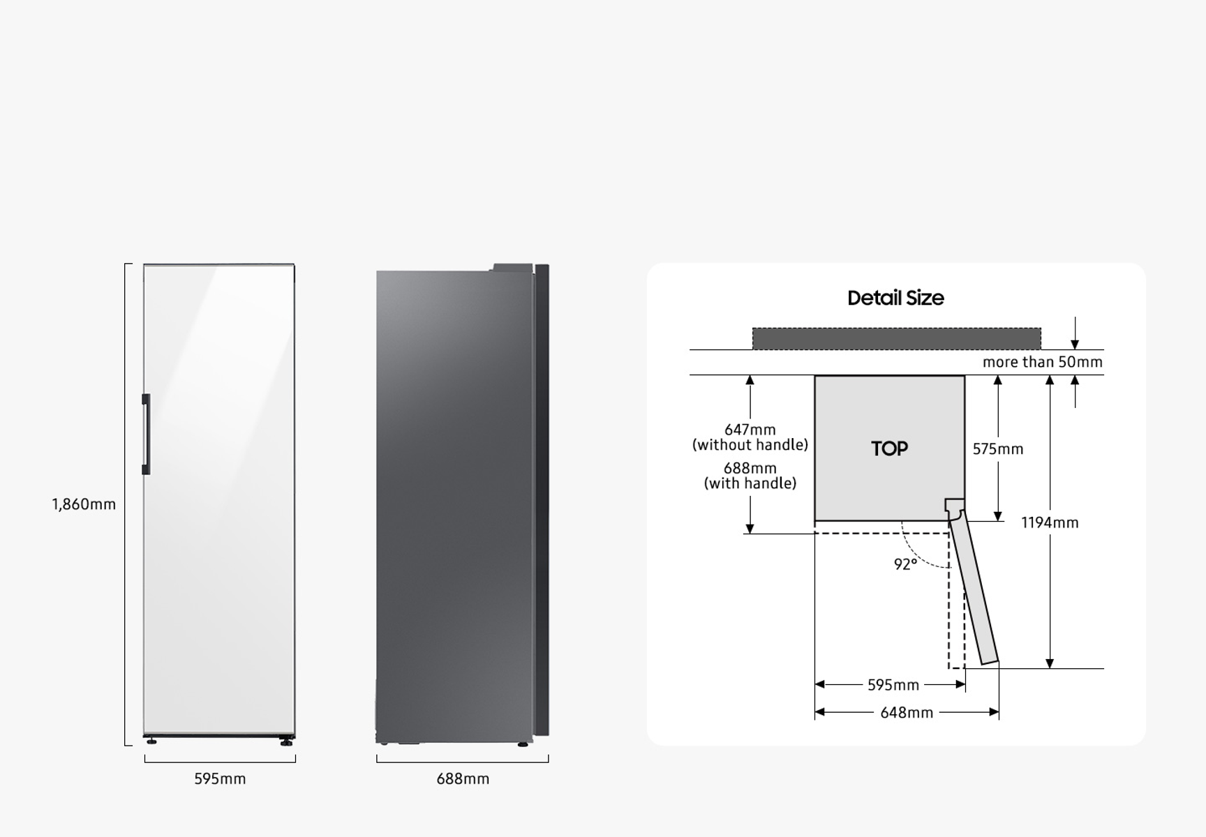 Un refrigerador blanco con manija negra y un diagrama que detalla sus dimensiones.