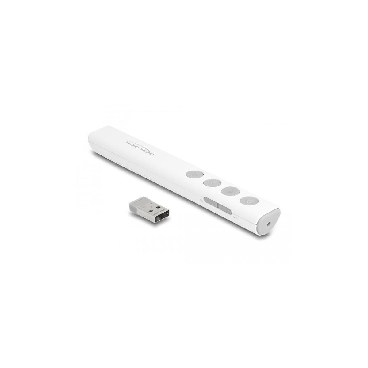 Weiße Präsentationsfernbedienung und ein USB-Empfänger. Mehrere Tasten auf der Fernbedienung.