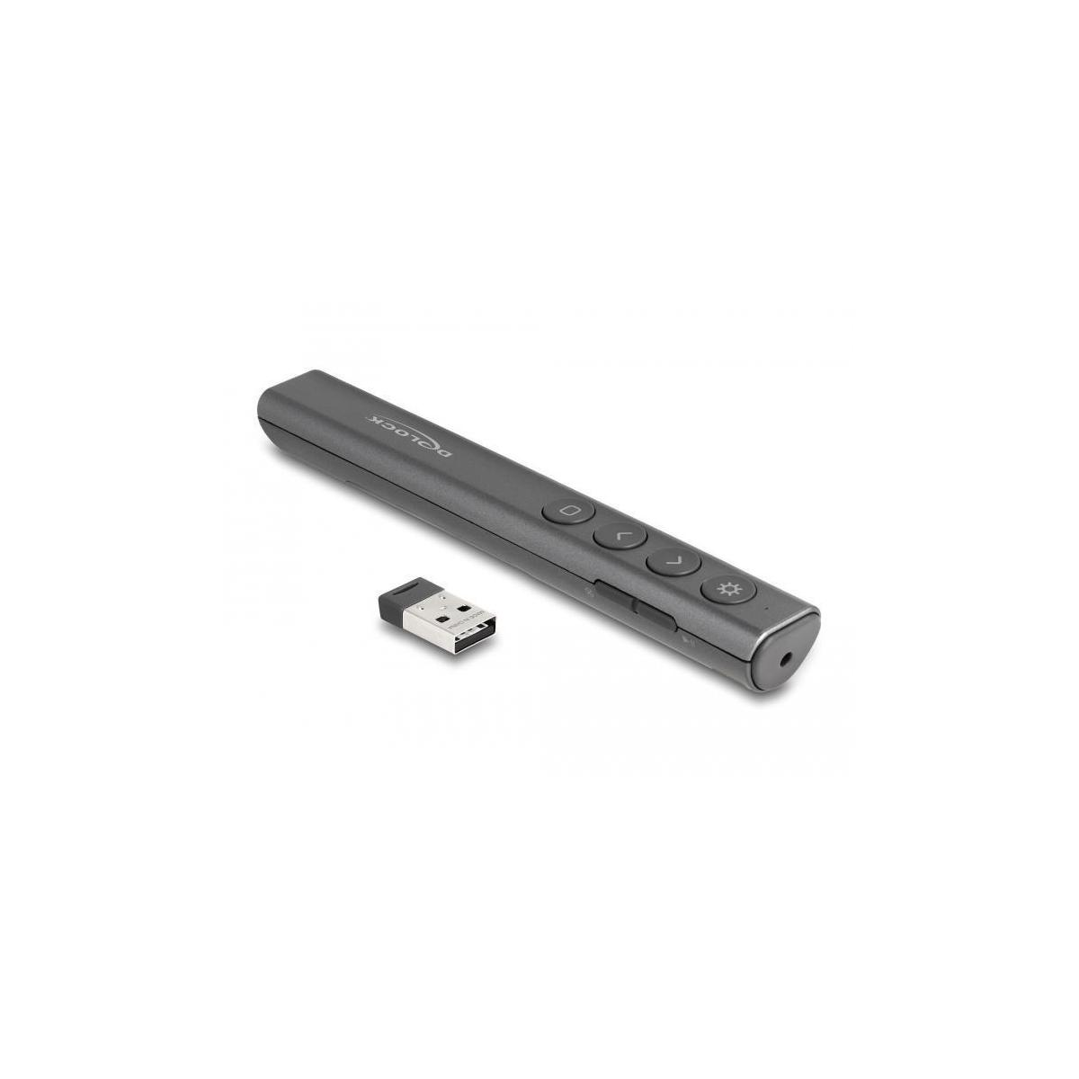 Grauer Präsentationsklicker und USB-Empfänger auf weißer Oberfläche.