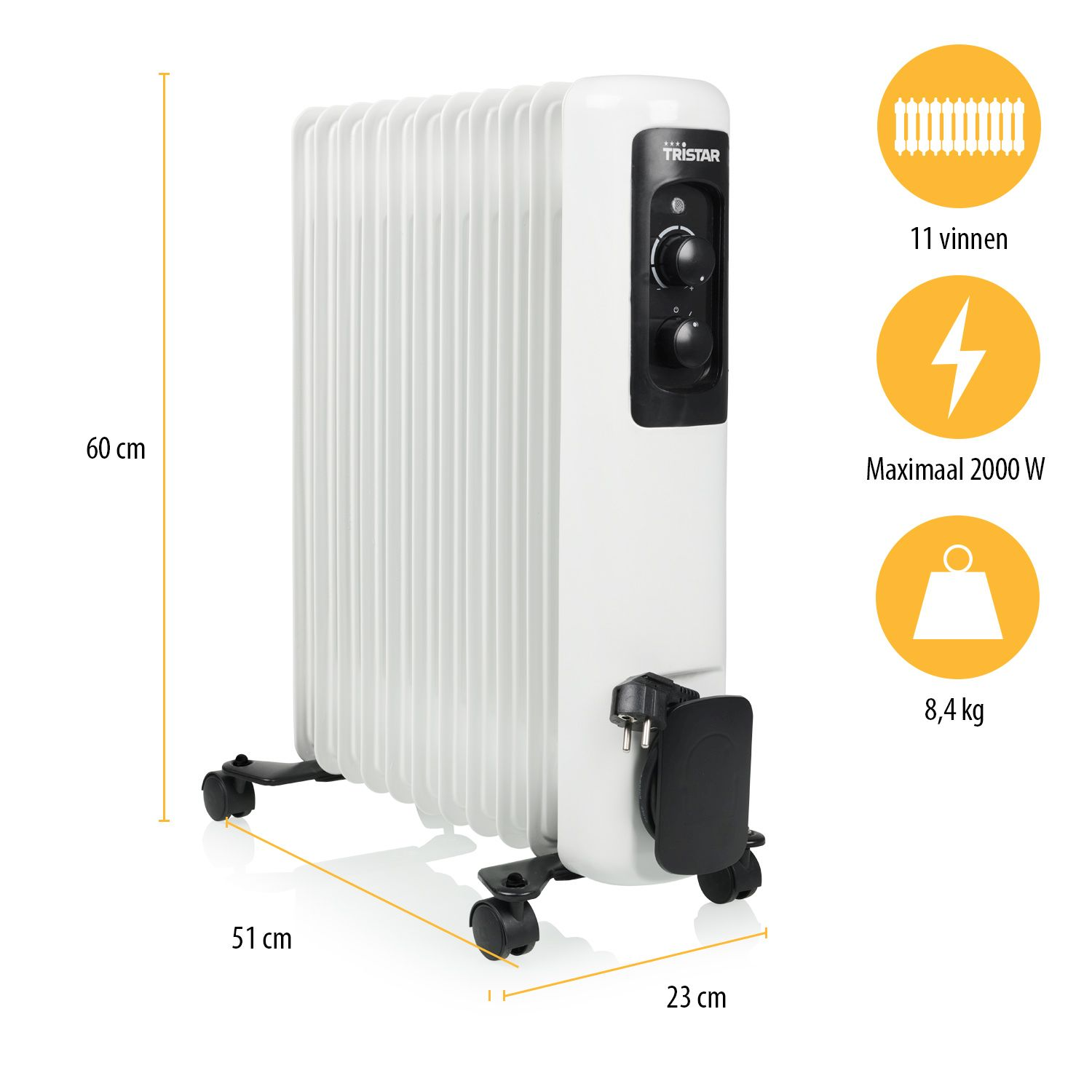 Biały grzejnik olejowy z 11 żebrami, czarnymi elementami sterującymi i kółkami. Wymiary 60x51x23 cm. Max 2000W, 8,4 kg.