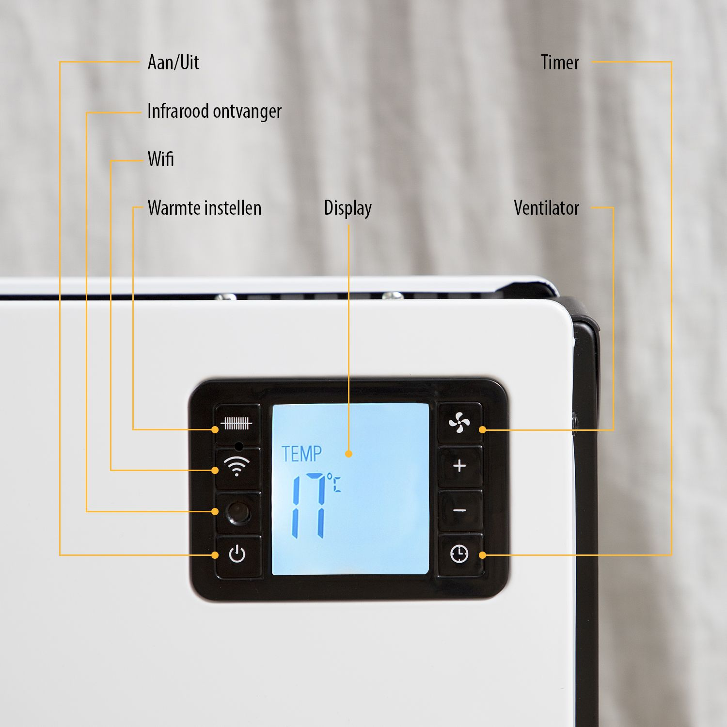 Zbliżenie panelu sterowania białego grzejnika. Wyświetla temperaturę i ma przyciski.