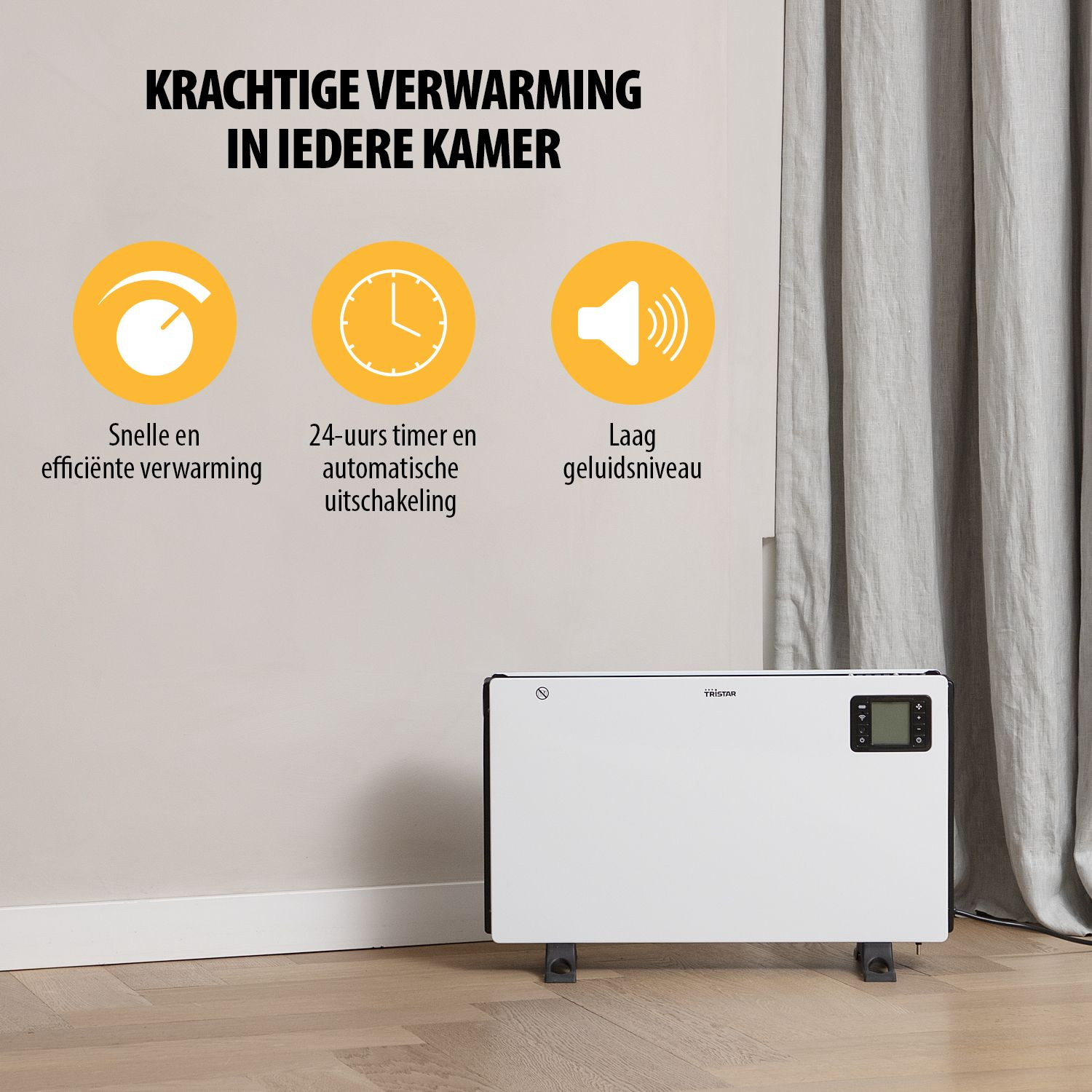 Biały grzejnik elektryczny z ikonami, obok zasłony. Ikony pokazują pokrętło, timer i głośnik.