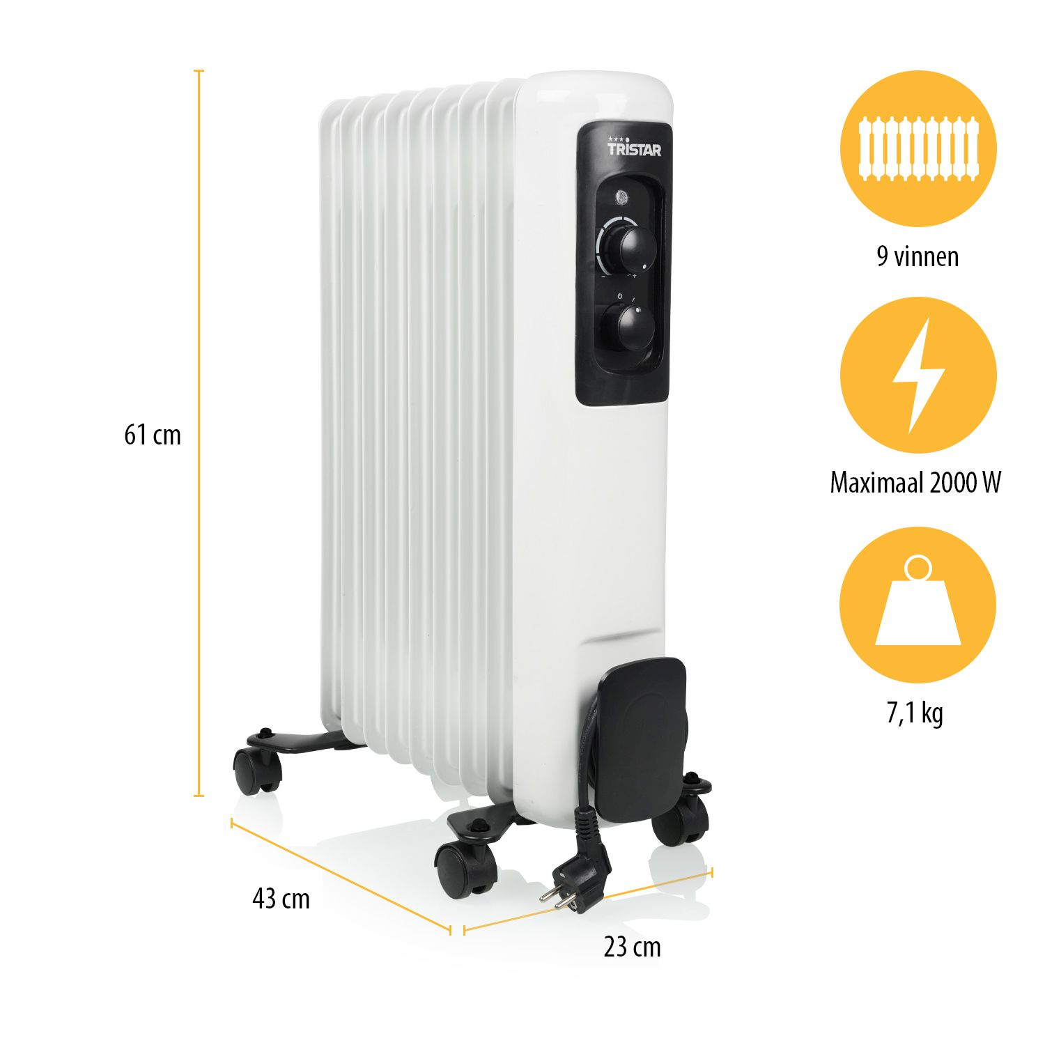 Radiatore elettrico bianco con 9 alette, comandi neri e dimensioni. Cavo di alimentazione nero con spina.