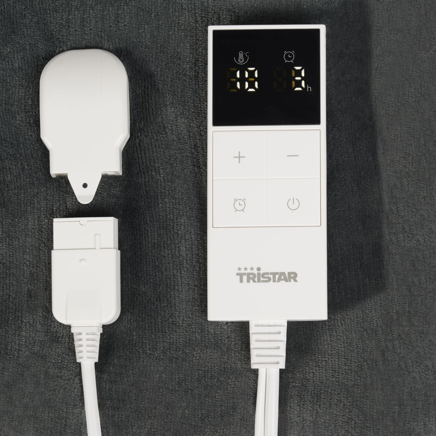 Weißer Elektrodeckenregler mit Digitalanzeige, Plus- und Minus-Tasten und einer Ein-/Aus-Taste.