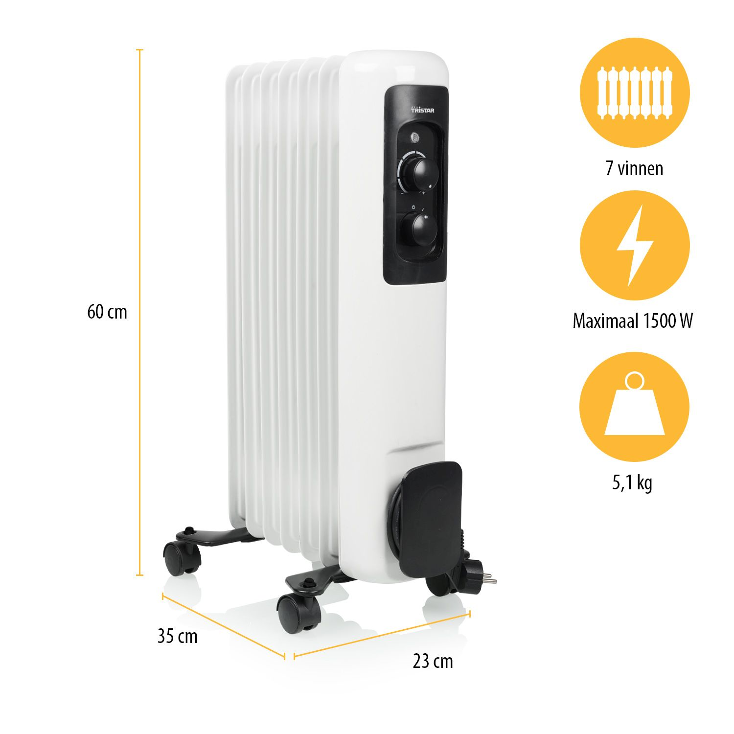 Ein weißer Ölradiator-Heizkörper mit Drehknöpfen und Abmessungen.