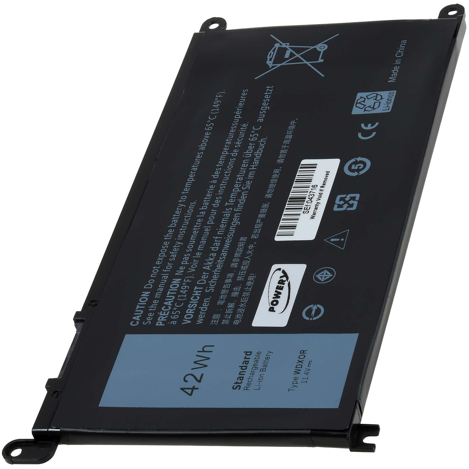 Schwarzer Laptop-Akku mit Warnhinweisen und Text. Er hat 42 Wh und ein Power-Logo.