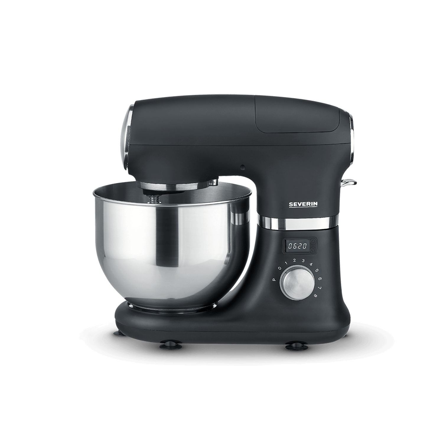 Ein schwarzer Küchenmixer. Er hat eine Edelstahlschüssel und eine Digitalanzeige mit 06:28.