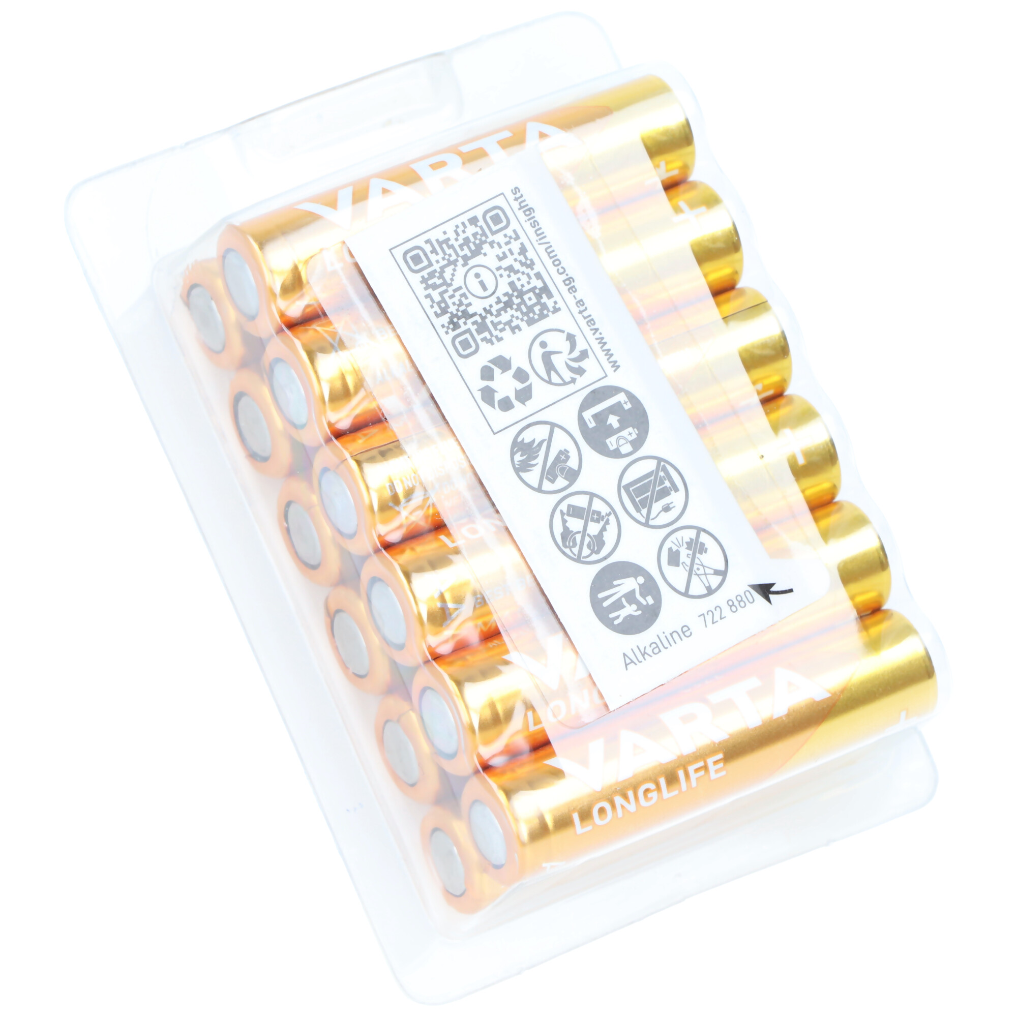 Eine Packung goldener AA-Batterien in einer durchsichtigen Kunststoffhülle. Die Batterien sind von Varta Longlife.