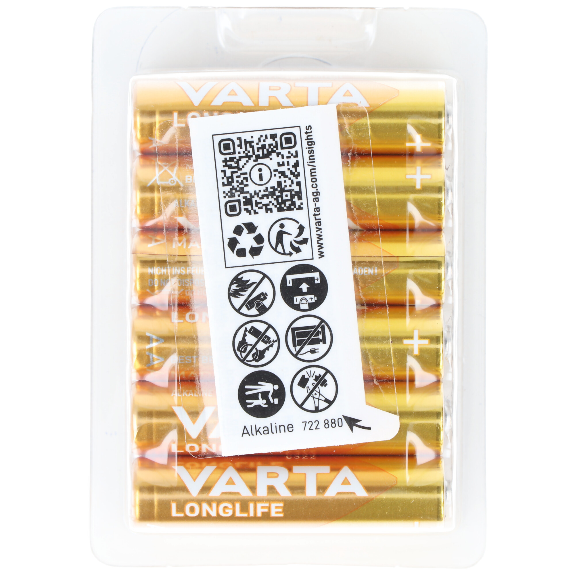 Packung mit Varta Longlife Batterien. Die Batterien sind goldfarben.
