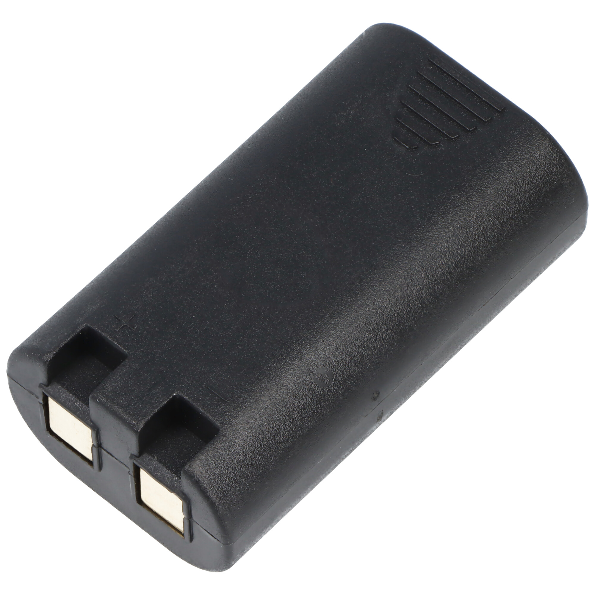 Eine schwarze Batteriezelle mit zwei goldfarbenen Kontakten.