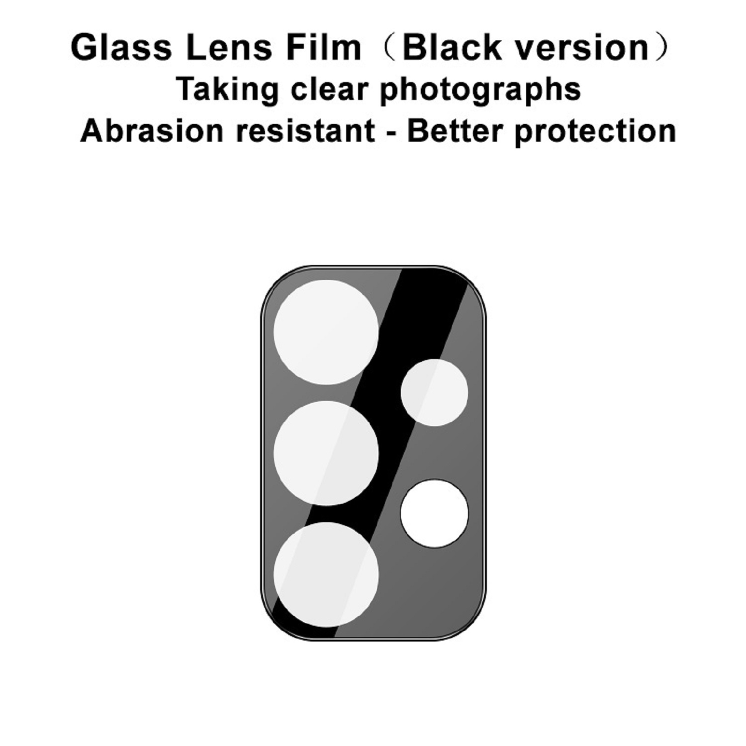 Schwarze Glaslinsenfolie für eine Telefonkamera, mit weißen Kreisen und Text.