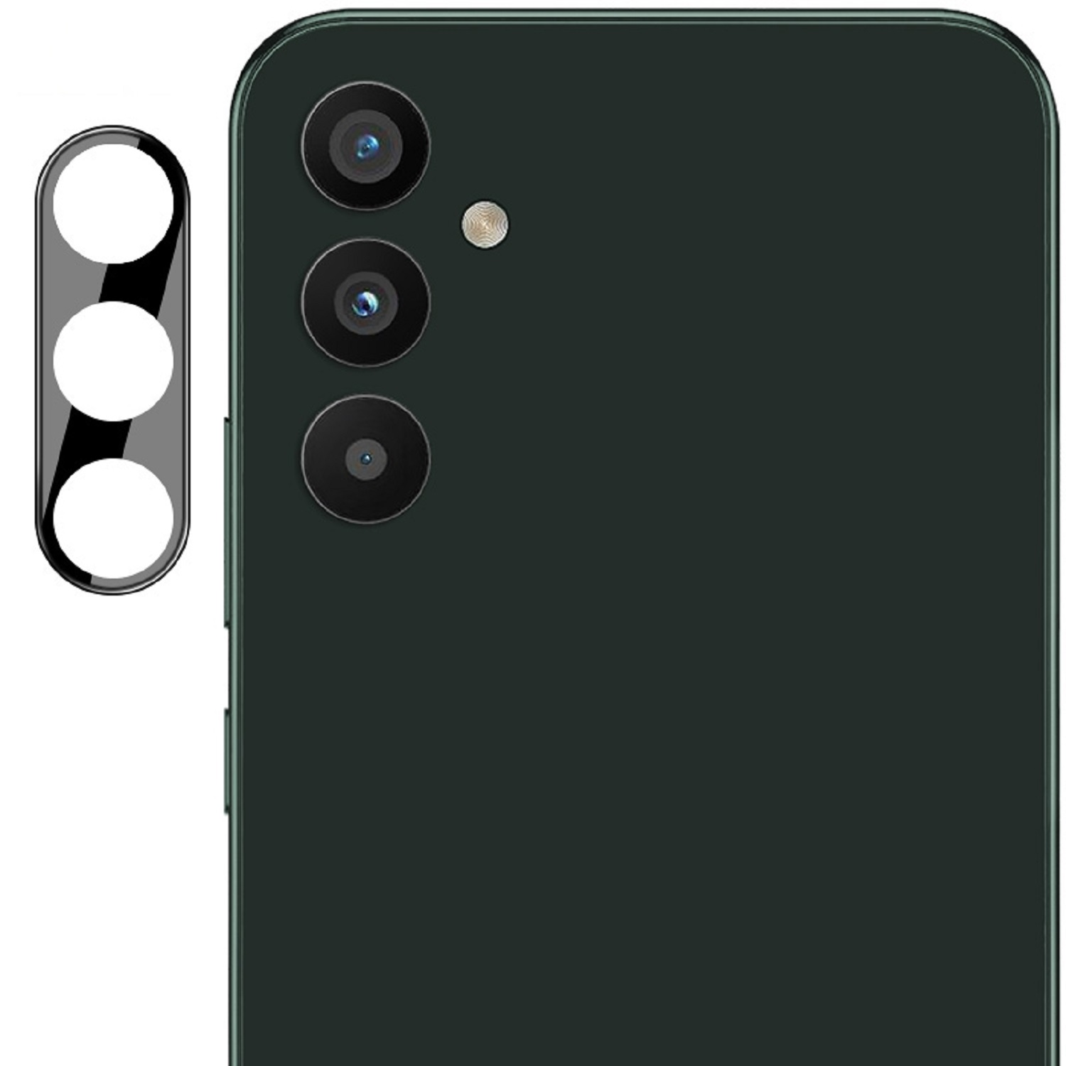 Eine Smartphone-Rückseite mit Kameralinsen und einer Abdeckung. Die Farbe des Telefons ist dunkelgrün, mit einer Linsenabdeckung.