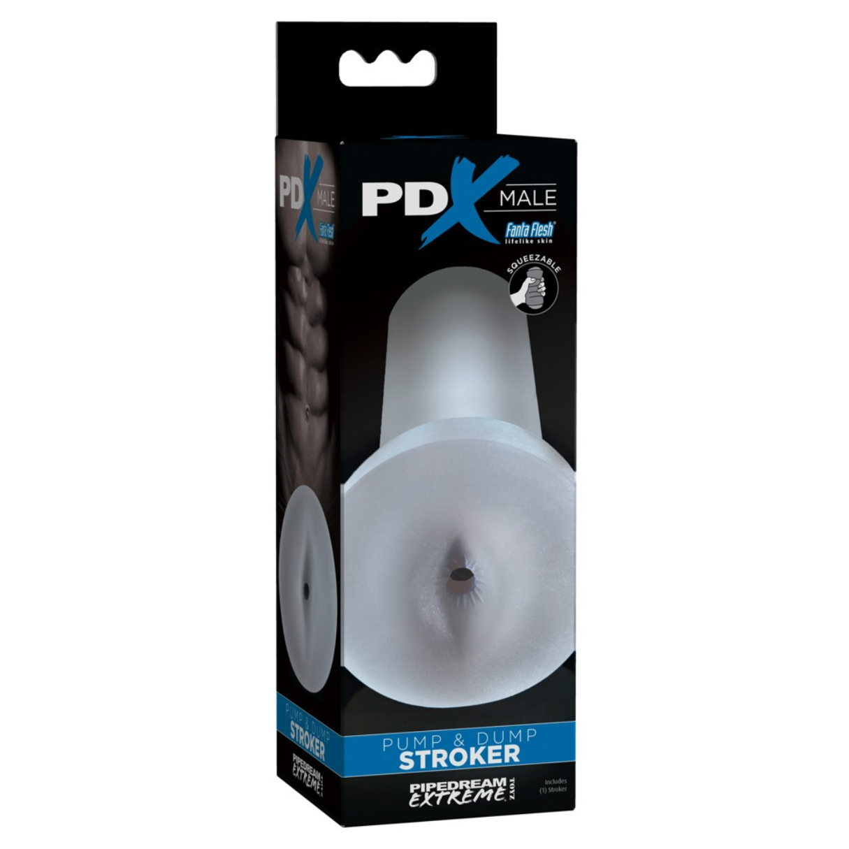 Boxed männlicher Stroker, weiß und klar, mit dem Text 'PDX MALE' und 'PIPE DREAM EXTREME'.