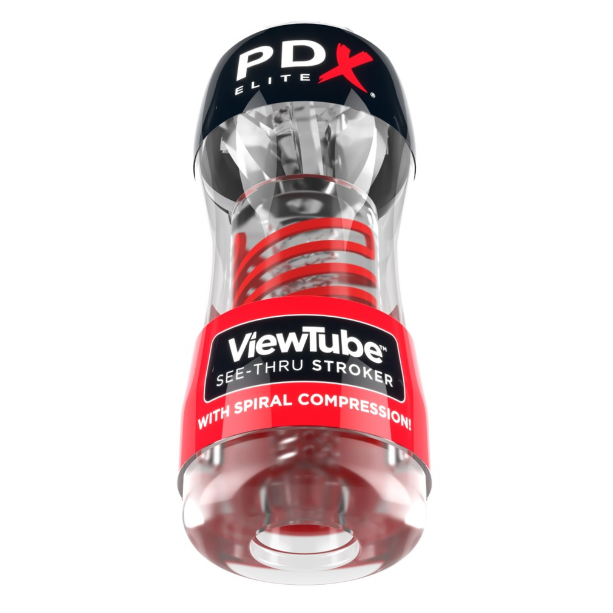 Ein durchsichtiges und rotes Sexspielzeug mit dem Text "ViewTube See-Thru Stroker".