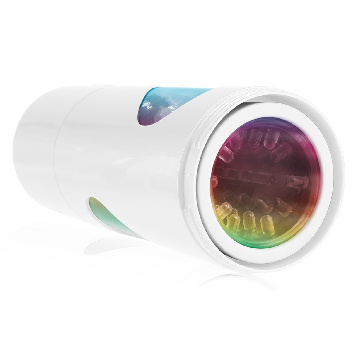 Ein weißes Sexspielzeug mit buntem Regenbogen-Innenraum und weißem Hintergrund.