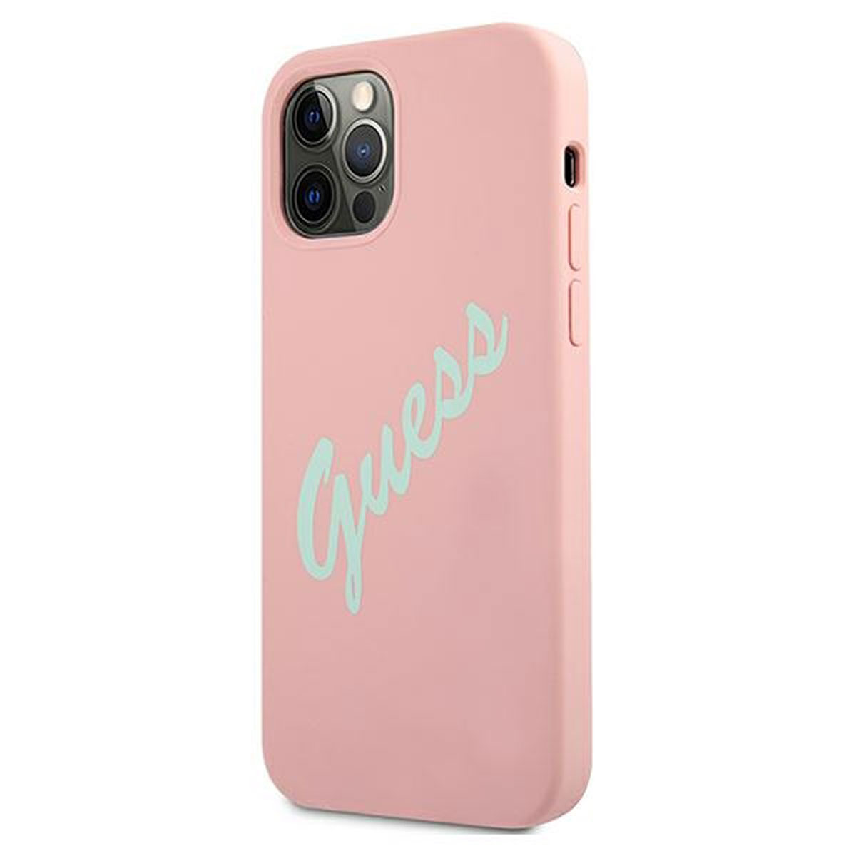 Eine pinkfarbene iPhone-Hülle mit dem Wort 'Guess' in hellblau darauf.