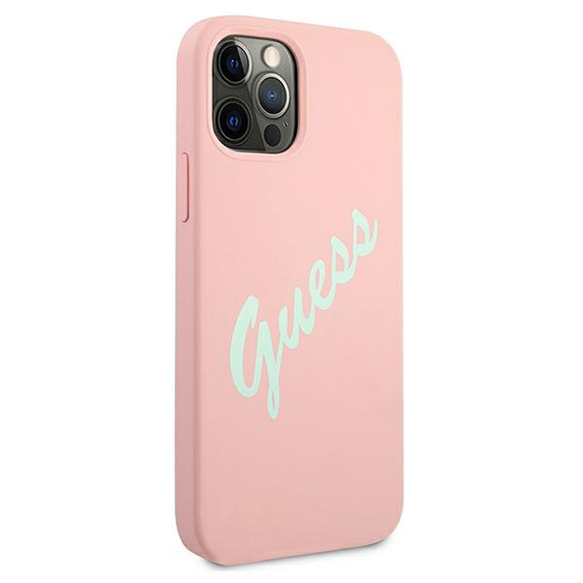 Ein pinkes Guess-Handycase mit Markennamen in mintgrünen Buchstaben.