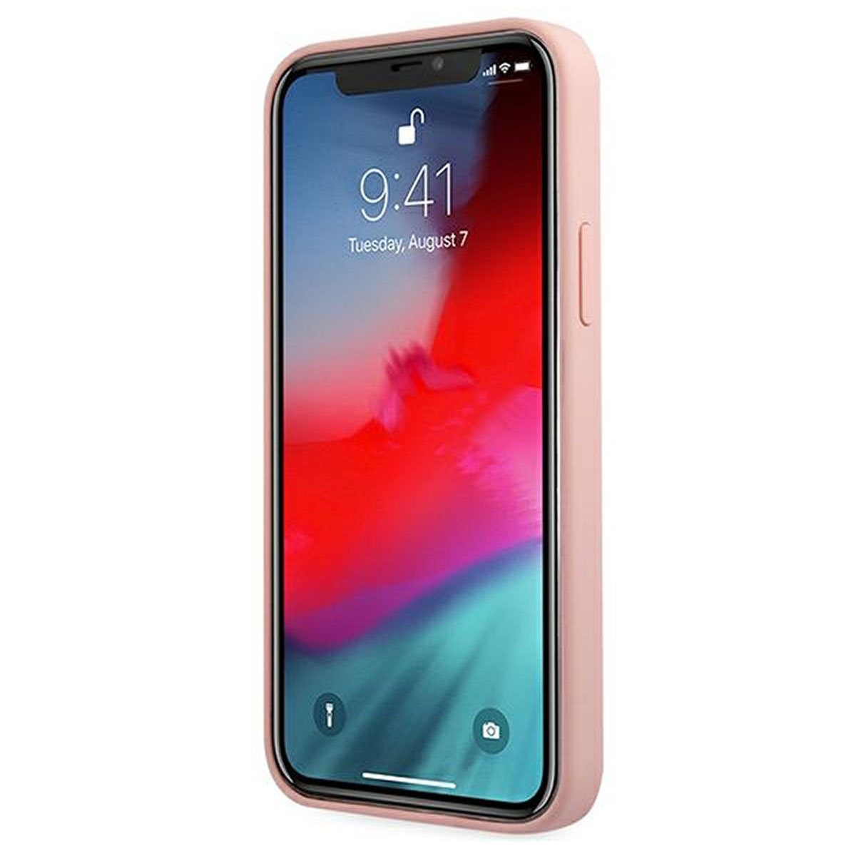 iPhone in einer rosa Hülle, Bildschirm zeigt Uhrzeit und Sperrbildschirm-Hintergrundbild. Die Hülle hat schwarze Bildschirmränder.
