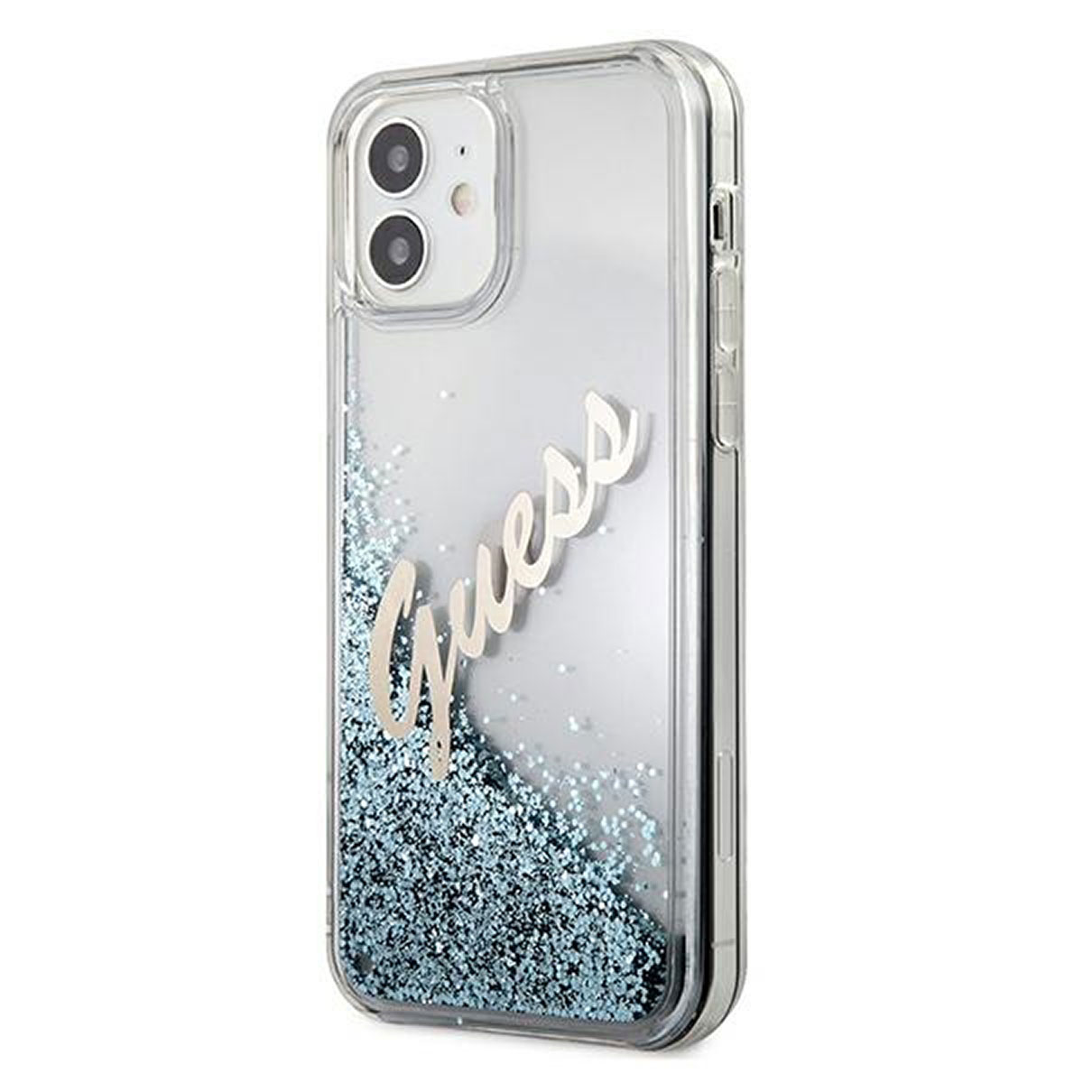 Custodia trasparente per telefono con glitter blu e la scritta 'Guess'. La custodia è su una superficie bianca.