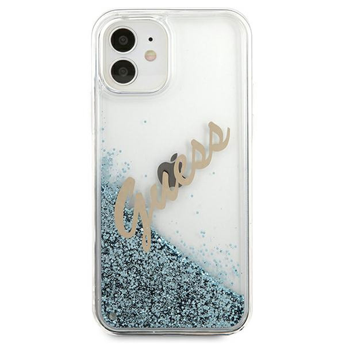 Una custodia trasparente per telefono con glitter blu e la scritta 'Guess' in oro.