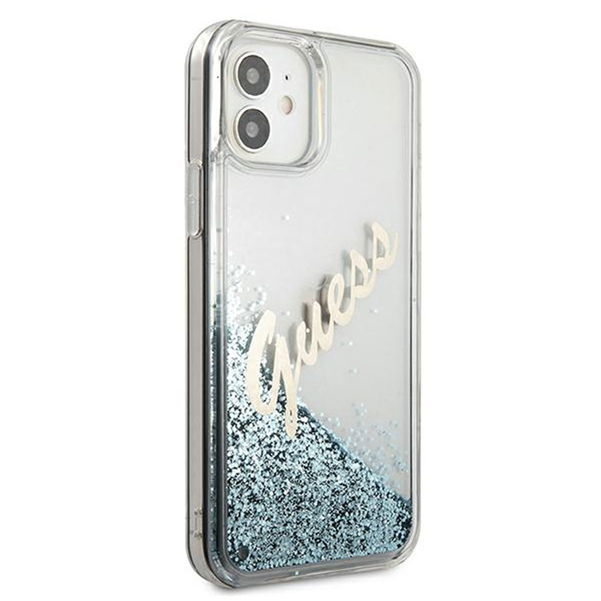 Custodia trasparente per telefono con glitter e il logo Guess. La custodia è su sfondo bianco.