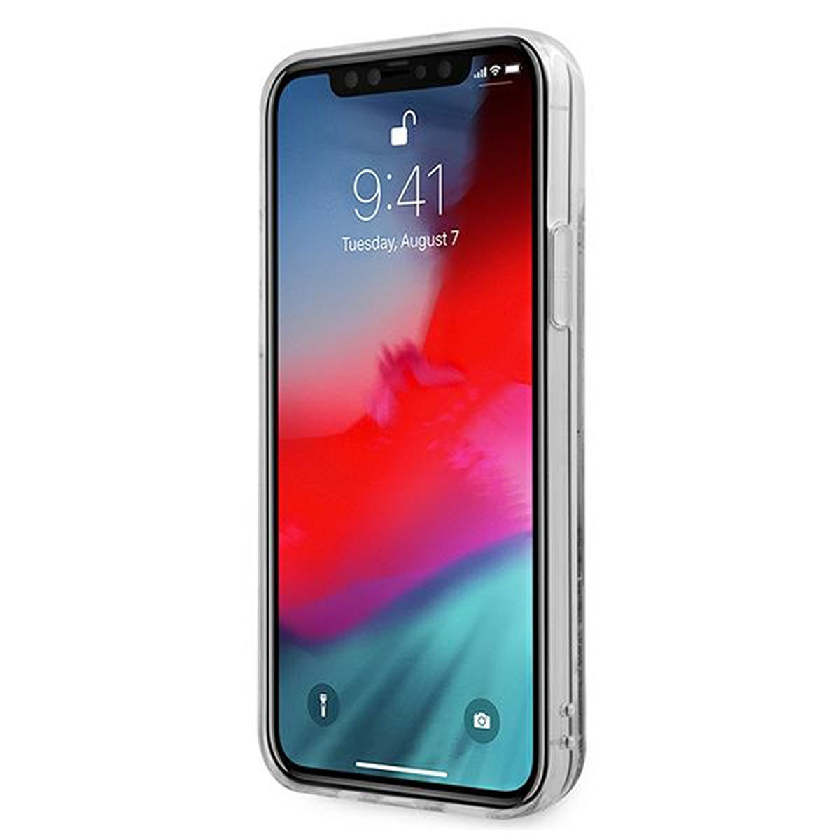 Uno smartphone con custodia trasparente, che mostra l'ora 9:41. Sfondo rosso e bianco.